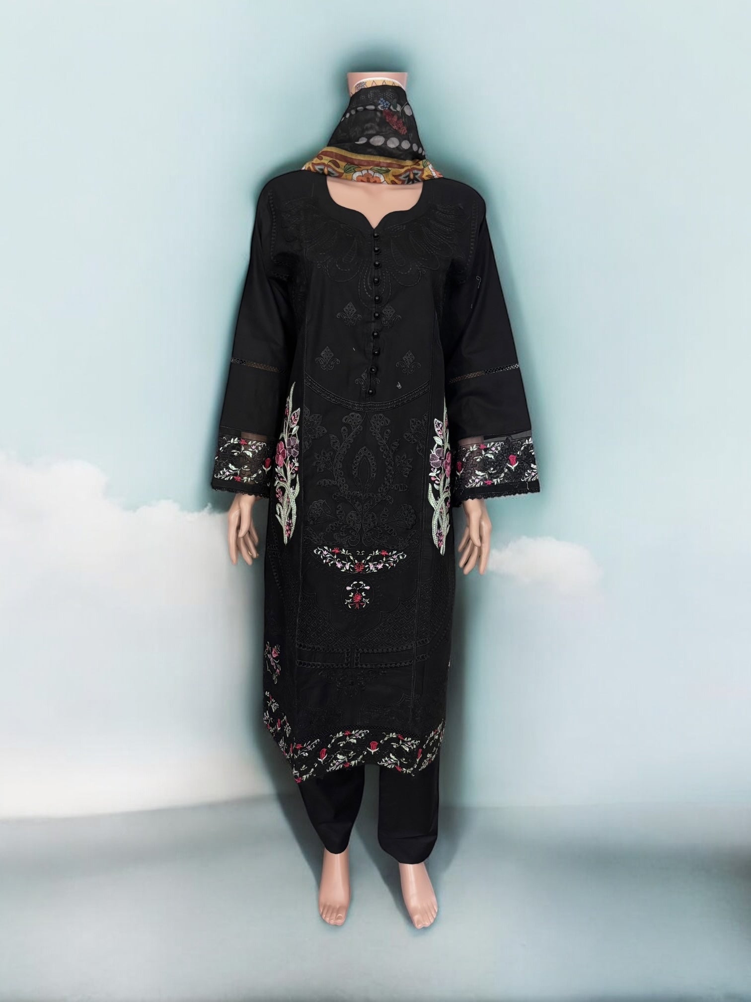 Traditional Salwar Kameez set by Saree Ghor Charlotte, women's ethnic wear with intricate embroidery and matching dupatta.