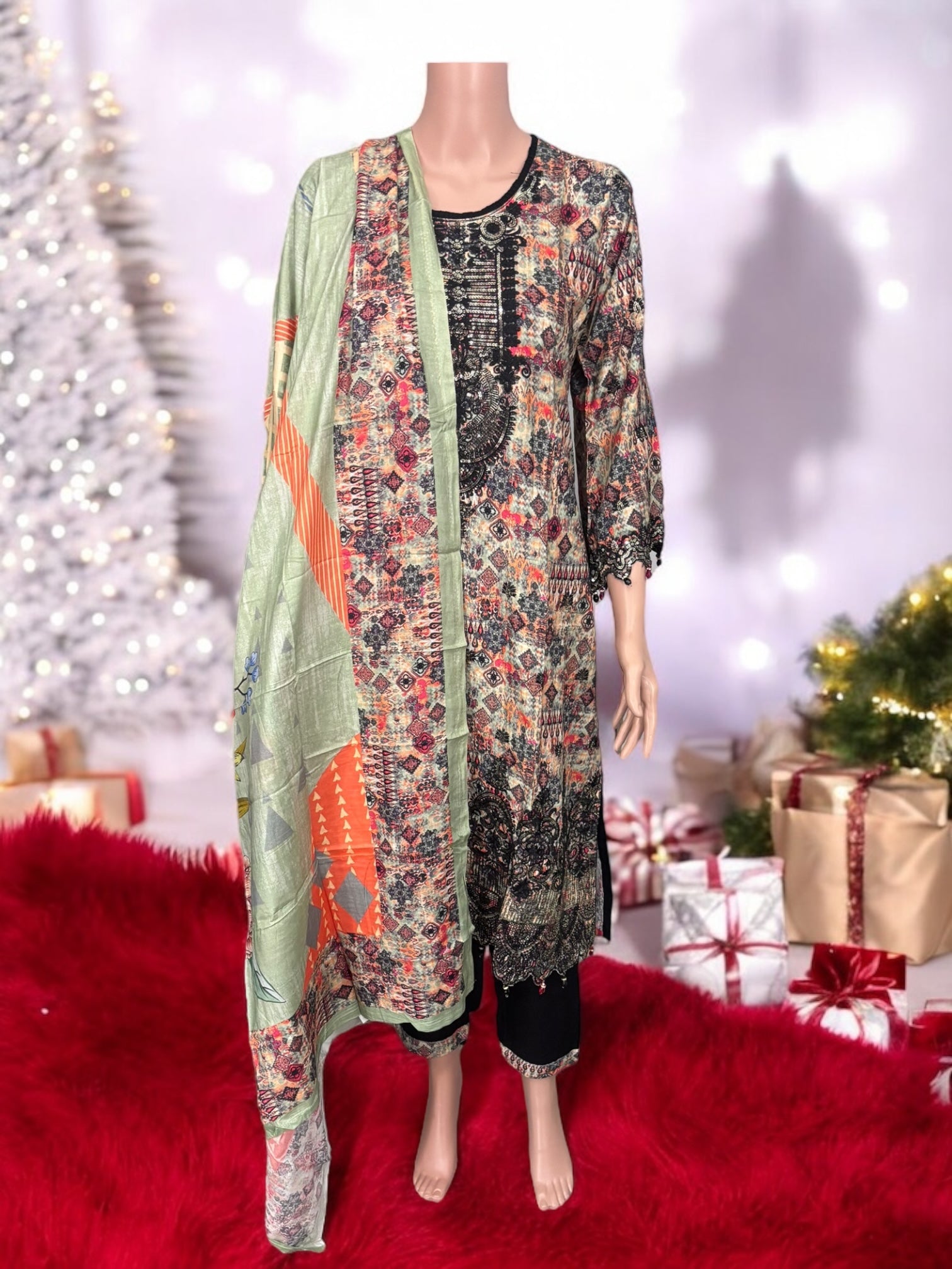 Traditional soft cotton Salwar Kameez suit by Saree Ghor Charlotte, featuring intricate ethnic design and vibrant colors.