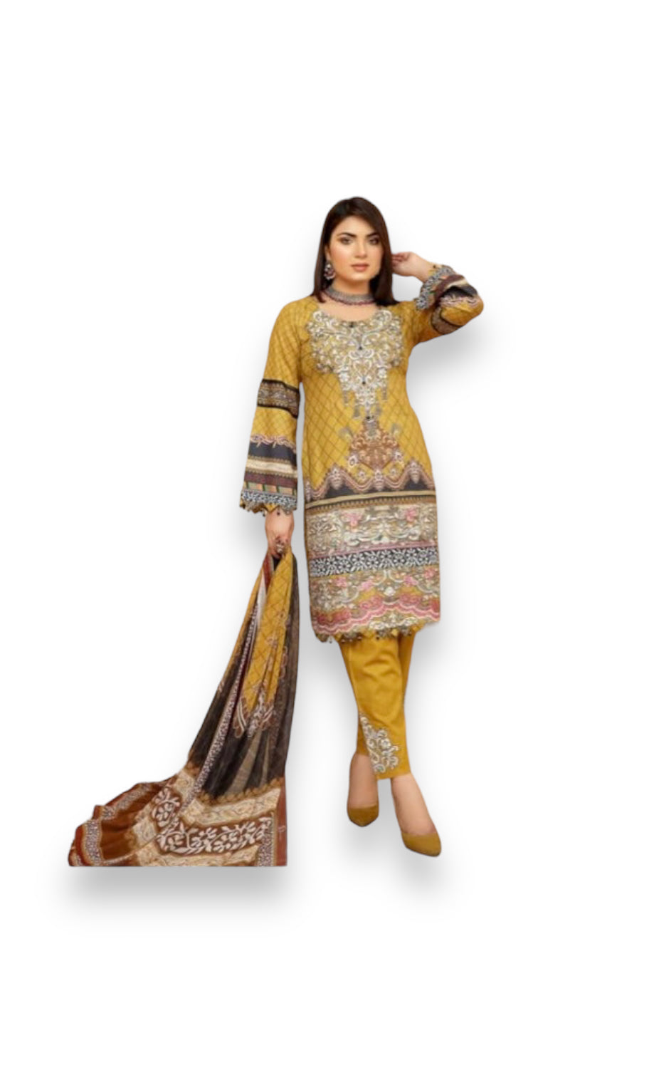 Traditional Soni Brand Pakistani Salwar Kameez for women, showcasing intricate embroidery and vibrant ethnic wear design.