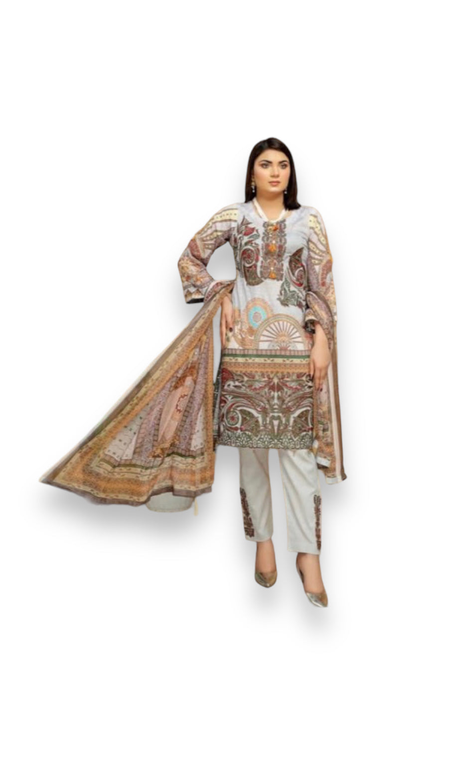 Traditional Soni Brand Pakistani Salwar Kameez for women, featuring intricate embroidery and vibrant cultural design.