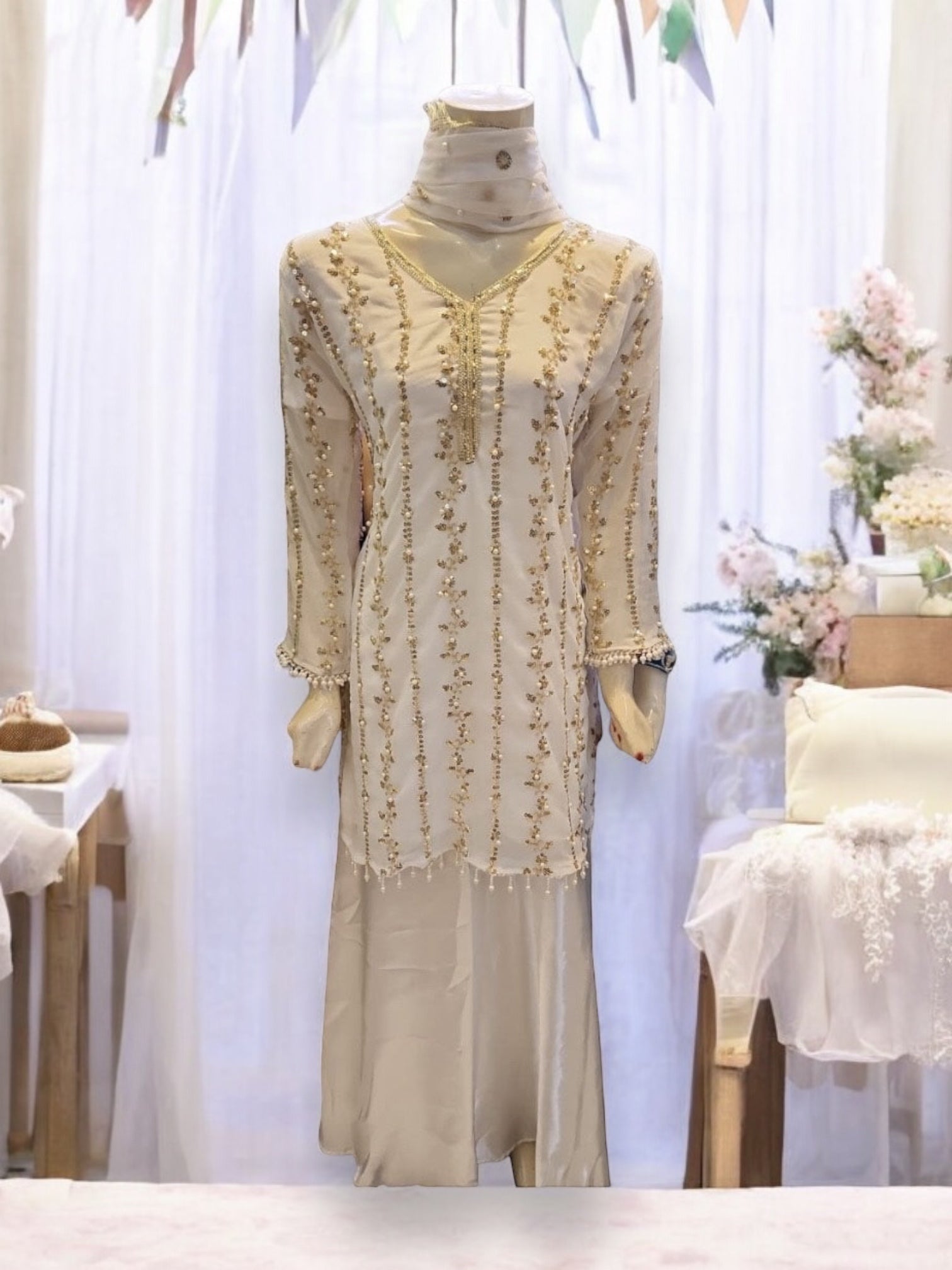 White Great Value Traditional Salwar Kameez suit by Saree Ghor Charlotte, featuring ethnic wear for women.