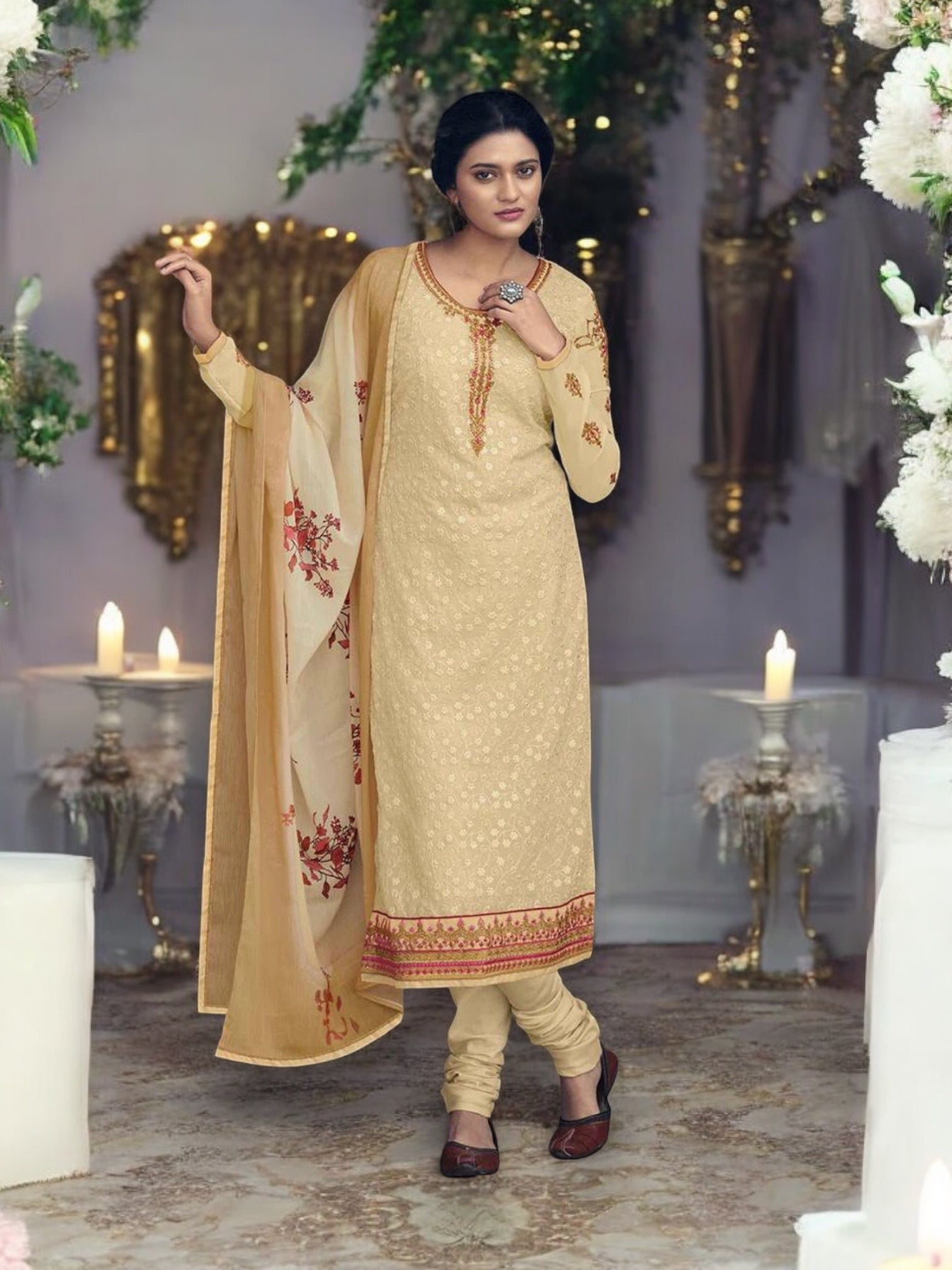 Cream Patola embroidered faux georgette salwar kameez for women, traditional cultural wear with intricate embroidery.
