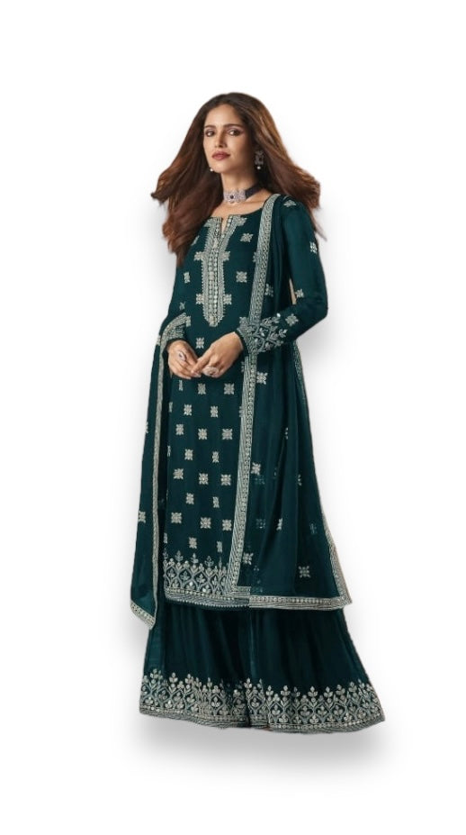 Dazzling faux georgette Salwar Kameez with intricate embroidery by Saree Ghor Charlotte, featuring detailed craftsmanship and vibrant design.
