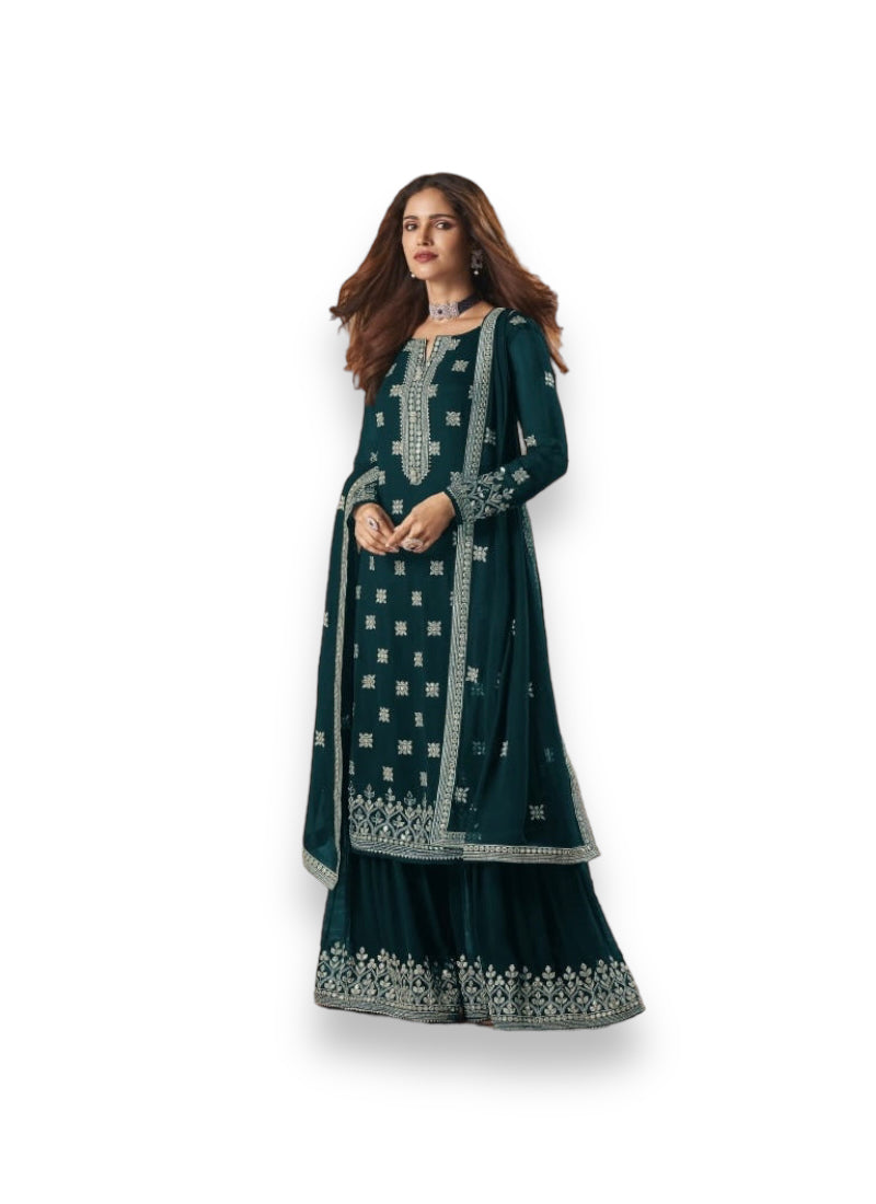 Dazzling faux georgette Salwar Kameez with intricate embroidery by Saree Ghor Charlotte, featuring detailed craftsmanship and elegant design.