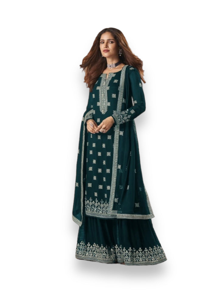 Dazzling faux georgette Salwar Kameez with intricate embroidery from Saree Ghor Charlotte, featuring a traditional salwar suit design.