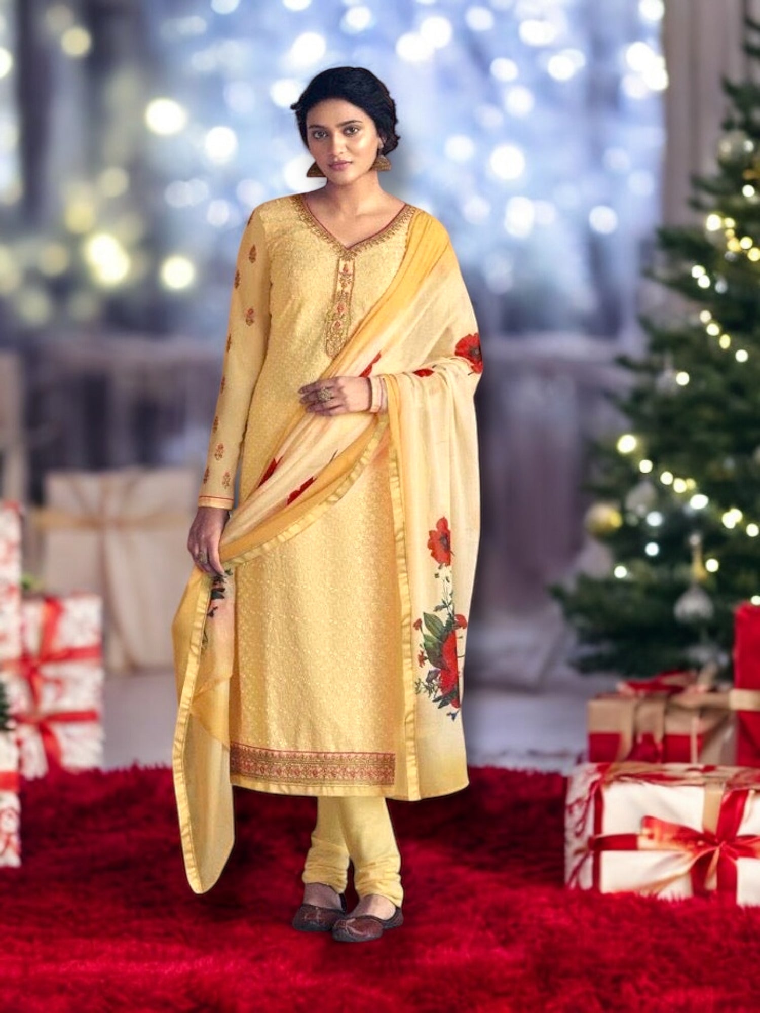 Exquisite Cream Patola Faux Georgette Embroidered Salwar Kameez with Stone Work-B - Saree Ghor Charlotte