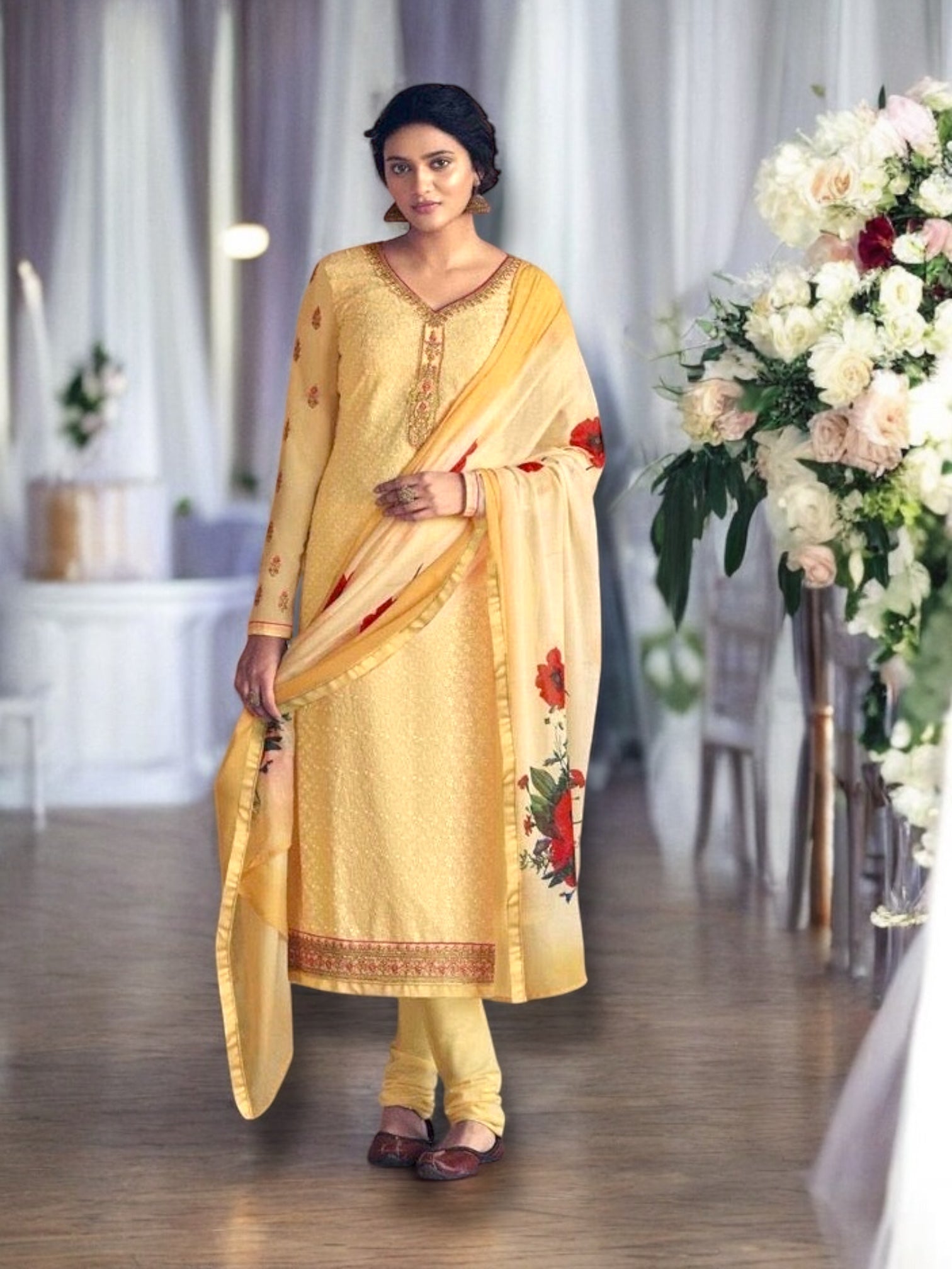 Exquisite cream Patola faux georgette embroidered Salwar Kameez with stone work by Saree Ghor Charlotte, showcasing intricate embroidery and design.