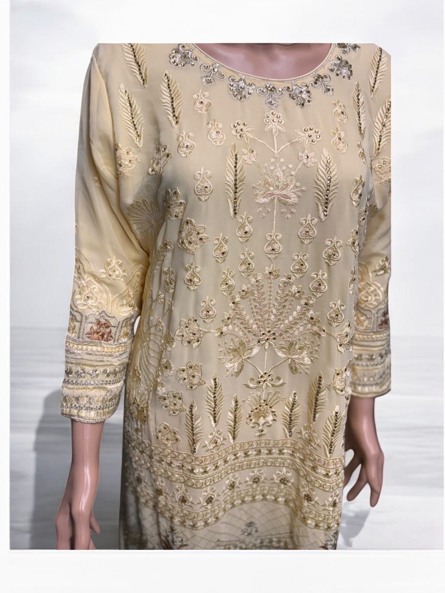 Golden color georgette embroidery work salwar kameez set for women, traditional ethnic wear with intricate embroidery from Saree Ghor Charlotte.
