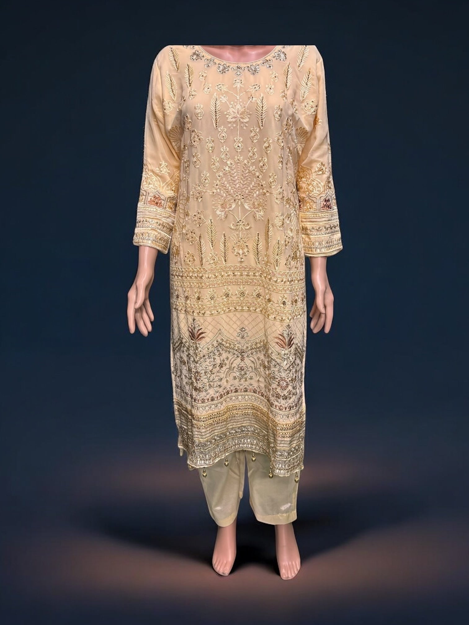 Golden color Georgette embroidery work salwar kameez set for women, traditional ethnic wear by Saree Ghor Charlotte.