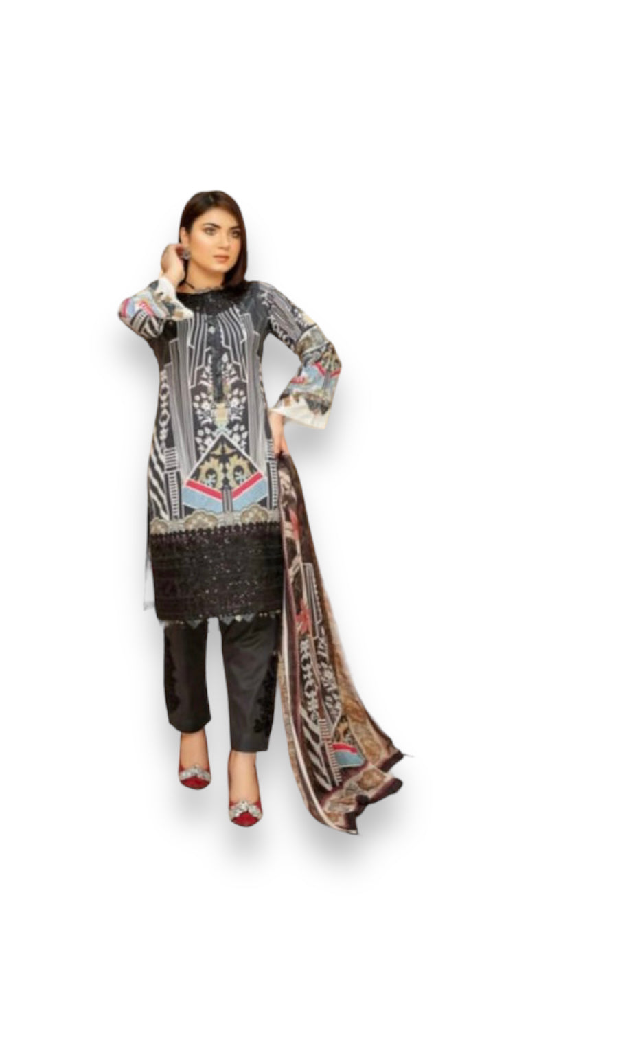 Traditional Soni Brand Pakistani salwar kameez for women featuring intricate embroidery and vibrant ethnic wear design.