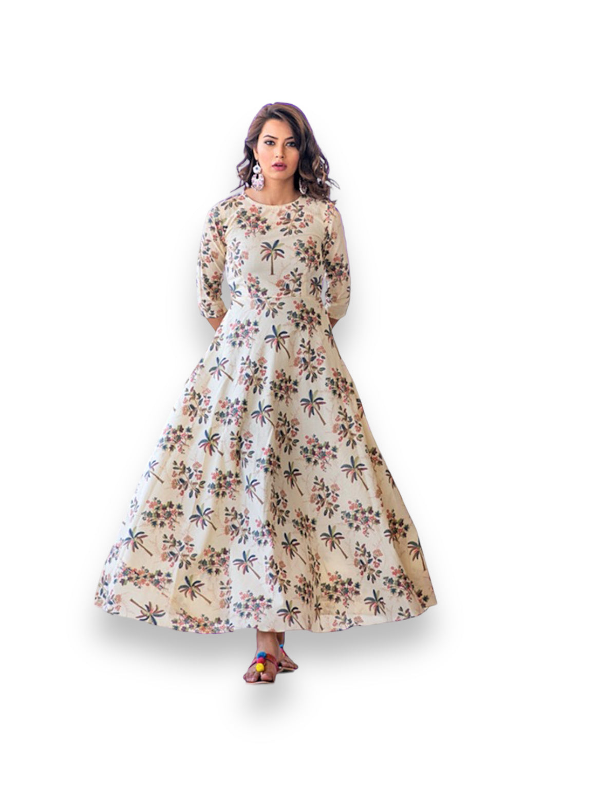 Cream muslin printed traditional salwar kameez gown with intricate work, designed for women, by Saree Ghor Charlotte.