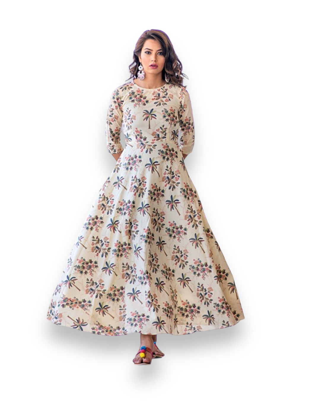 Cream muslin printed work traditional salwar kameez gown for women, ethnic wear by Saree Ghor Charlotte, showcasing detailed design.