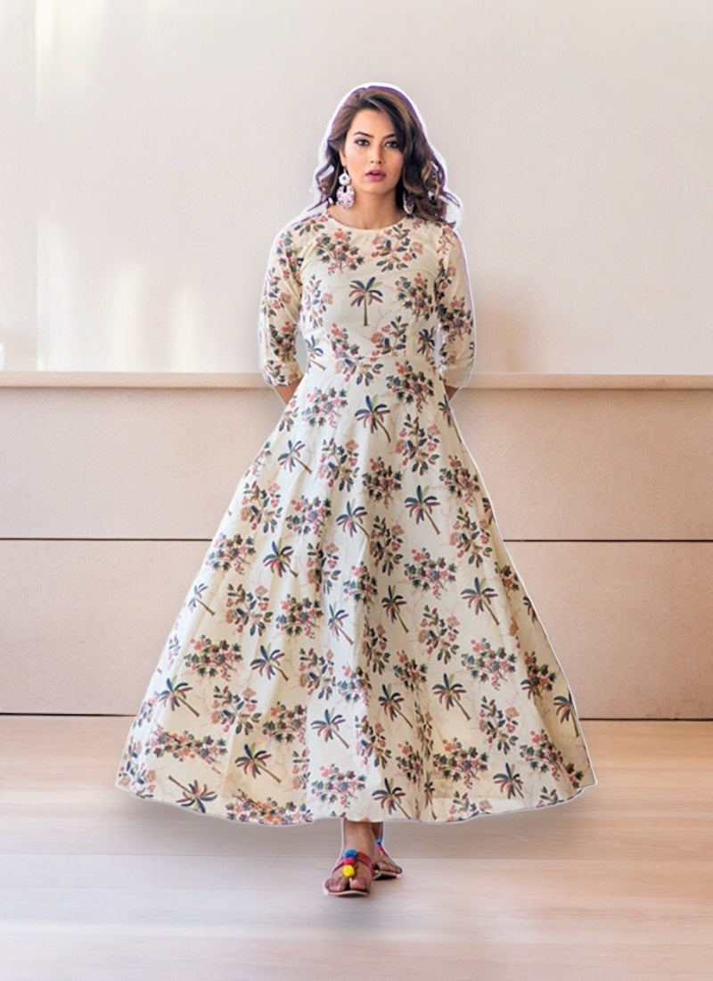 Cream muslin printed traditional salwar kameez gown by Saree Ghor Charlotte featuring ethnic work and elegant design for women.