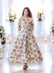 Cream muslin printed work traditional salwar kameez gown for women, showcasing ethnic wear with intricate designs.