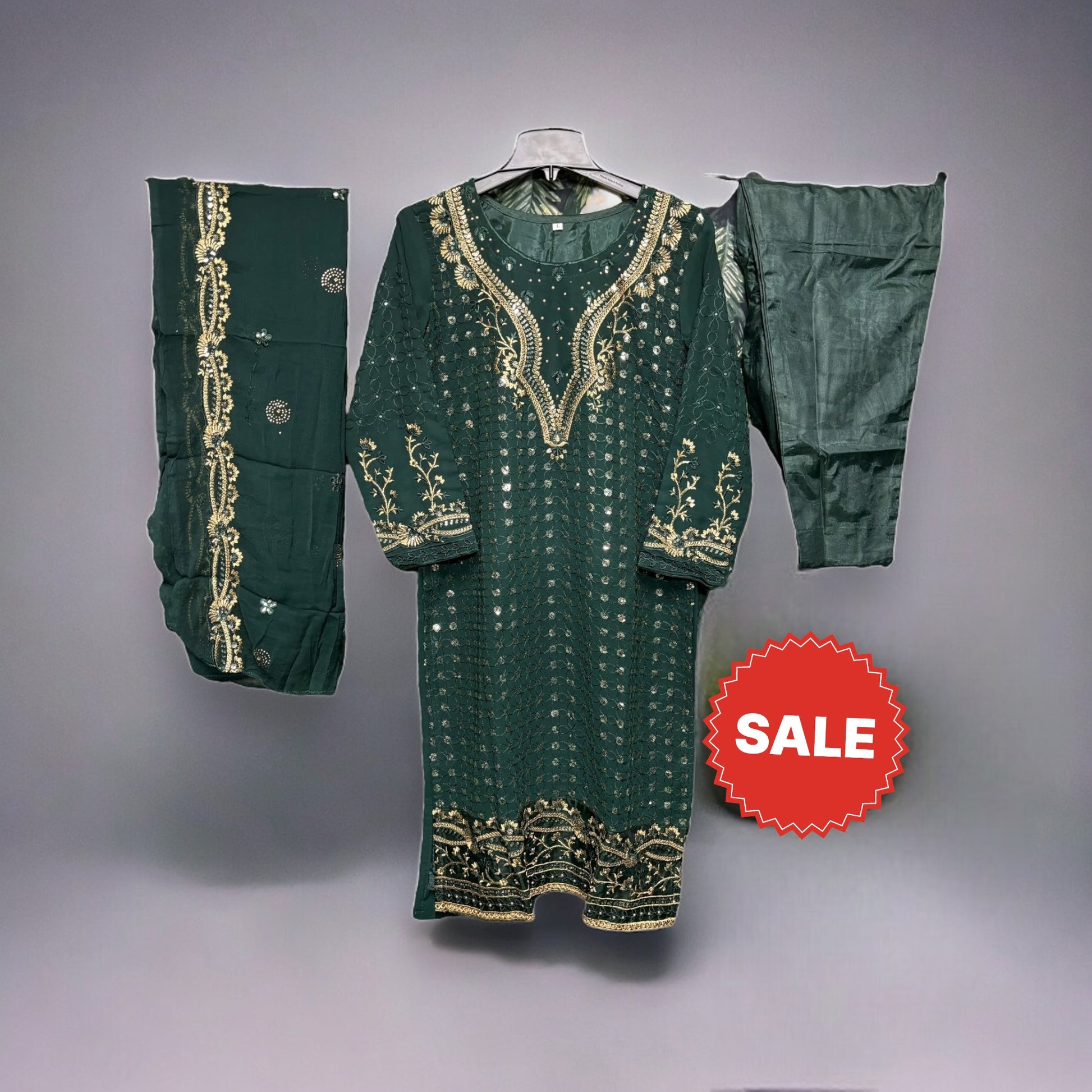 Faux Georgette traditional salwar kameez with intricate embroidery work, ethnic wear for women by Saree Ghor Charlotte.
