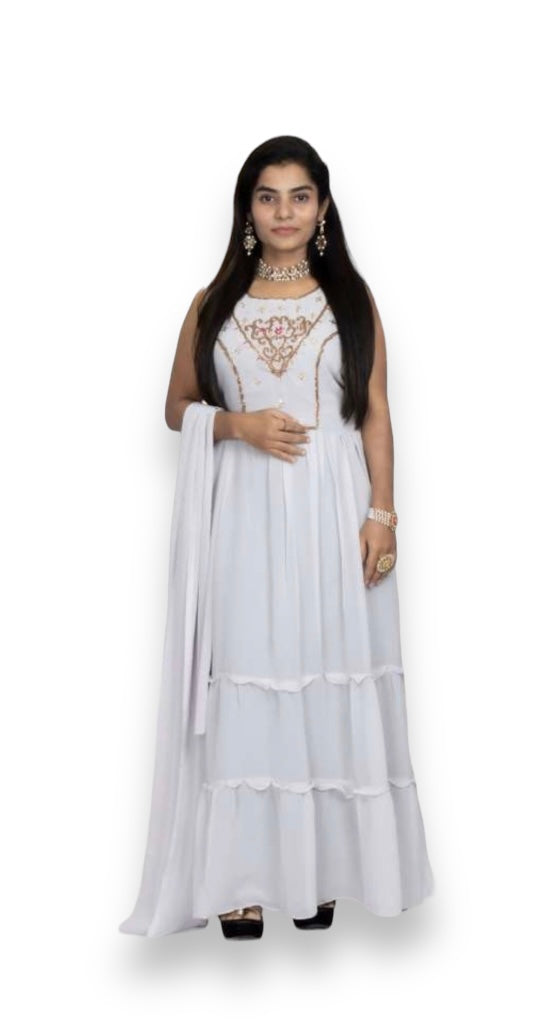 Elegant Georgette Salwar Kameez with stone work, long gown design by Saree Ghor Charlotte, showcasing intricate detailing and graceful style.