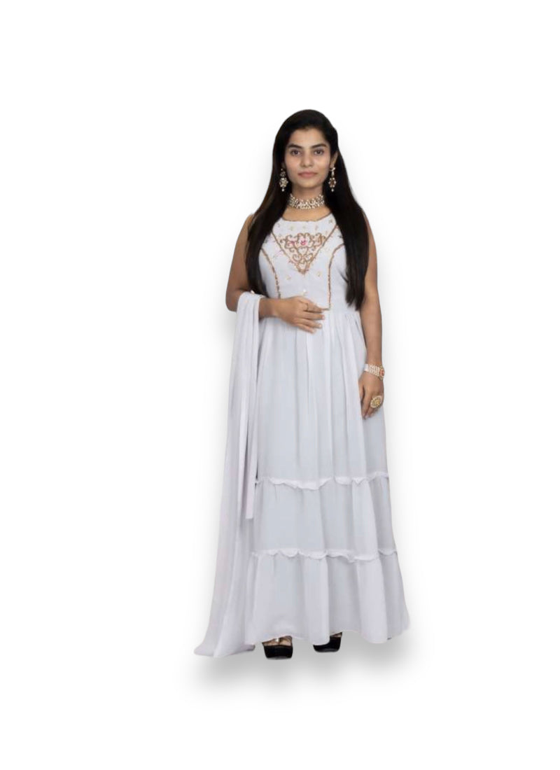 Georgette stone work long gown salwar kameez by Saree Ghor Charlotte featuring elegant embroidery and a flowing silhouette.