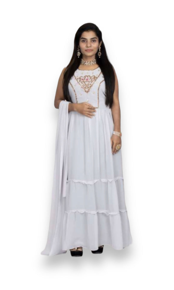 Elegant Georgette salwar kameez by Saree Ghor Charlotte with stone work, long gown design, showcasing intricate detailing.