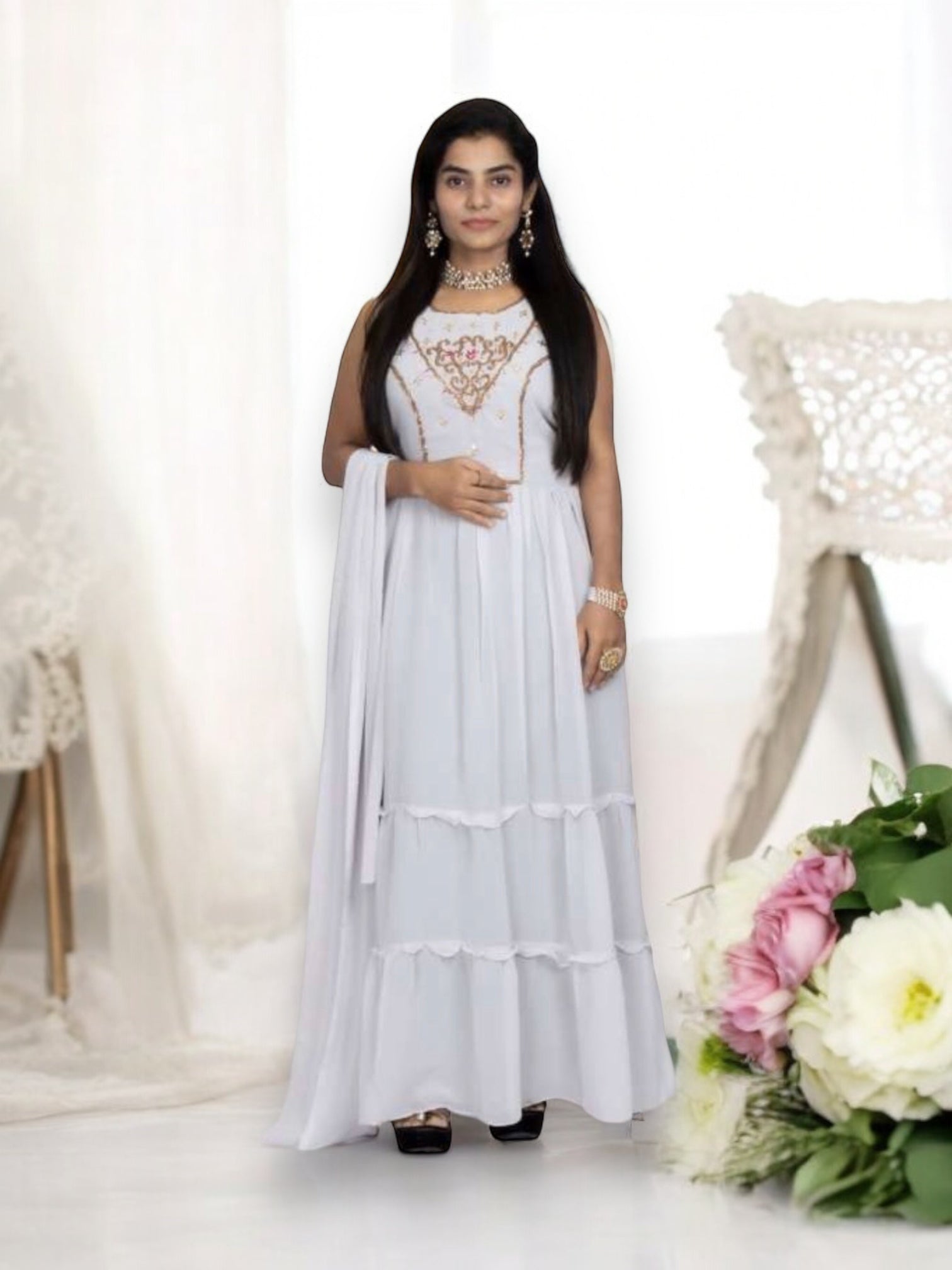 Elegant Georgette stone work long gown from Saree Ghor Charlotte, stylish Salwar Kameez with intricate embellishments.
