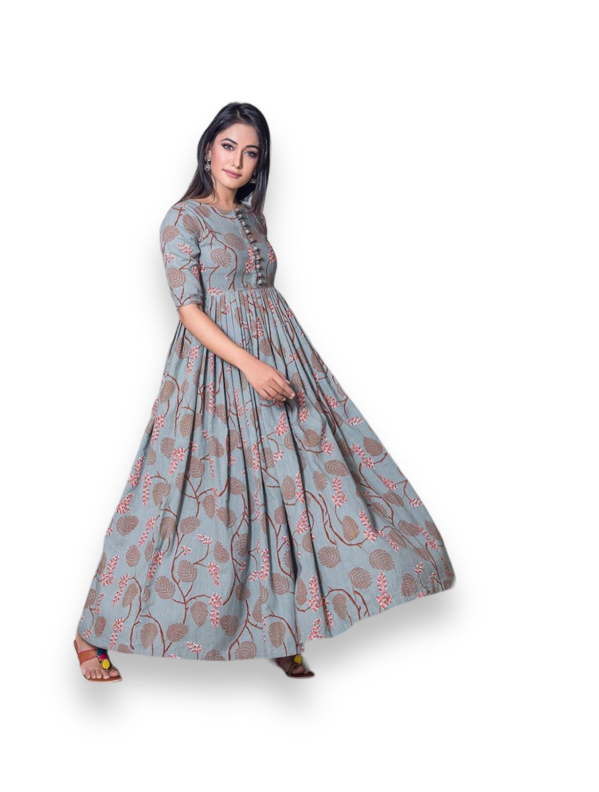 Grey muslin printed traditional salwar kameez gown by Saree Ghor Charlotte, showcasing intricate ethnic work and elegant design.
