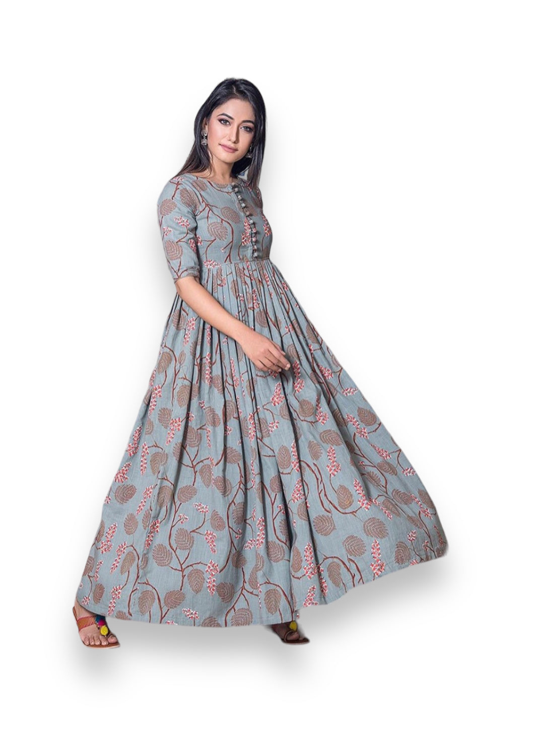 Grey muslin printed traditional salwar kameez gown for women, ethnic wear by Saree Ghor Charlotte, featuring intricate work.