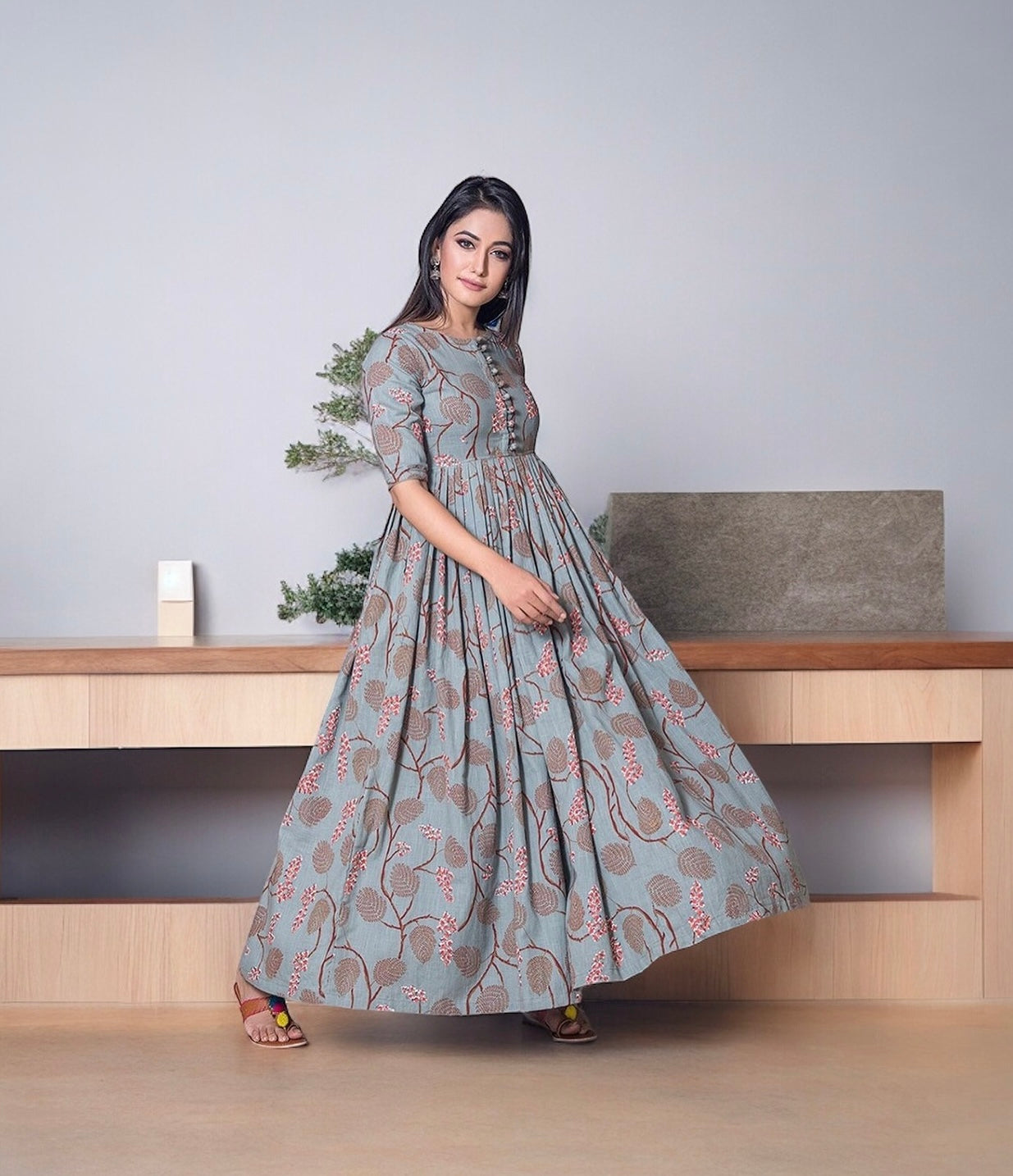 Grey muslin printed traditional salwar kameez gown by Saree Ghor Charlotte, showcasing intricate ethnic work and elegant design for women