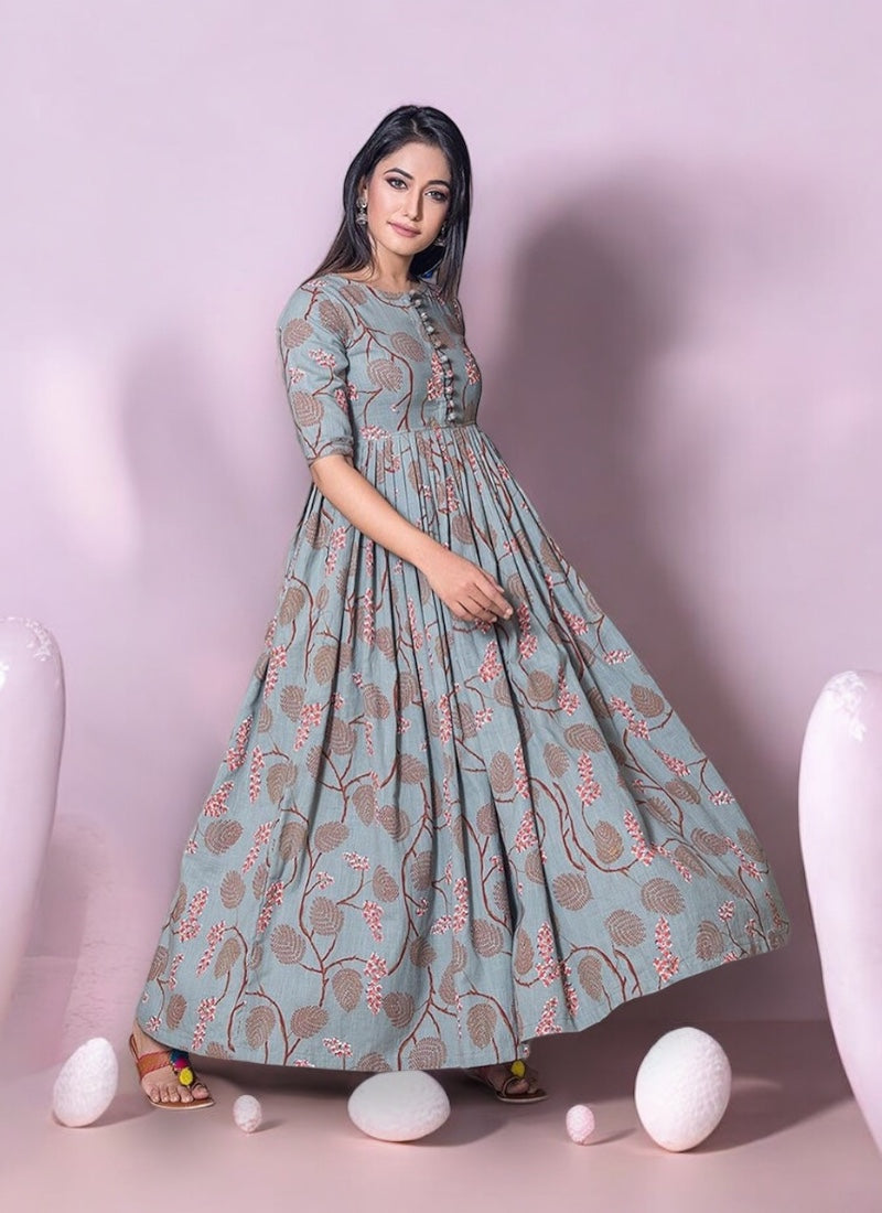 Grey: Muslin Printed Work Traditional Gown-Ethnic Wear for Women-01 - Saree Ghor Charlotte