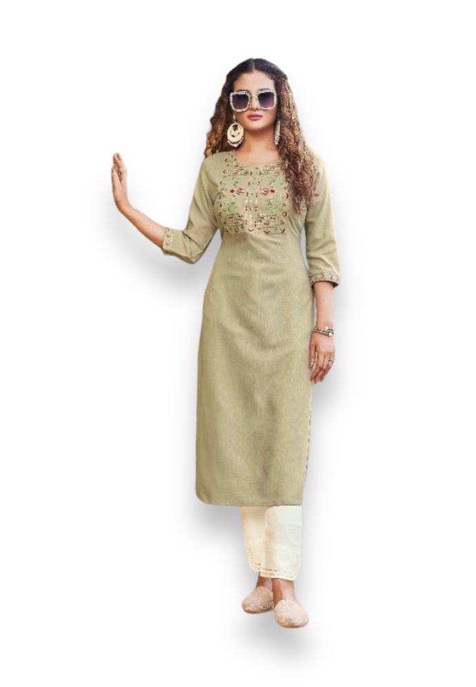 Kivi Liza traditional designer rayon kurti with embroidery work, ethnic women's salwar kameez by Saree Ghor Charlotte.