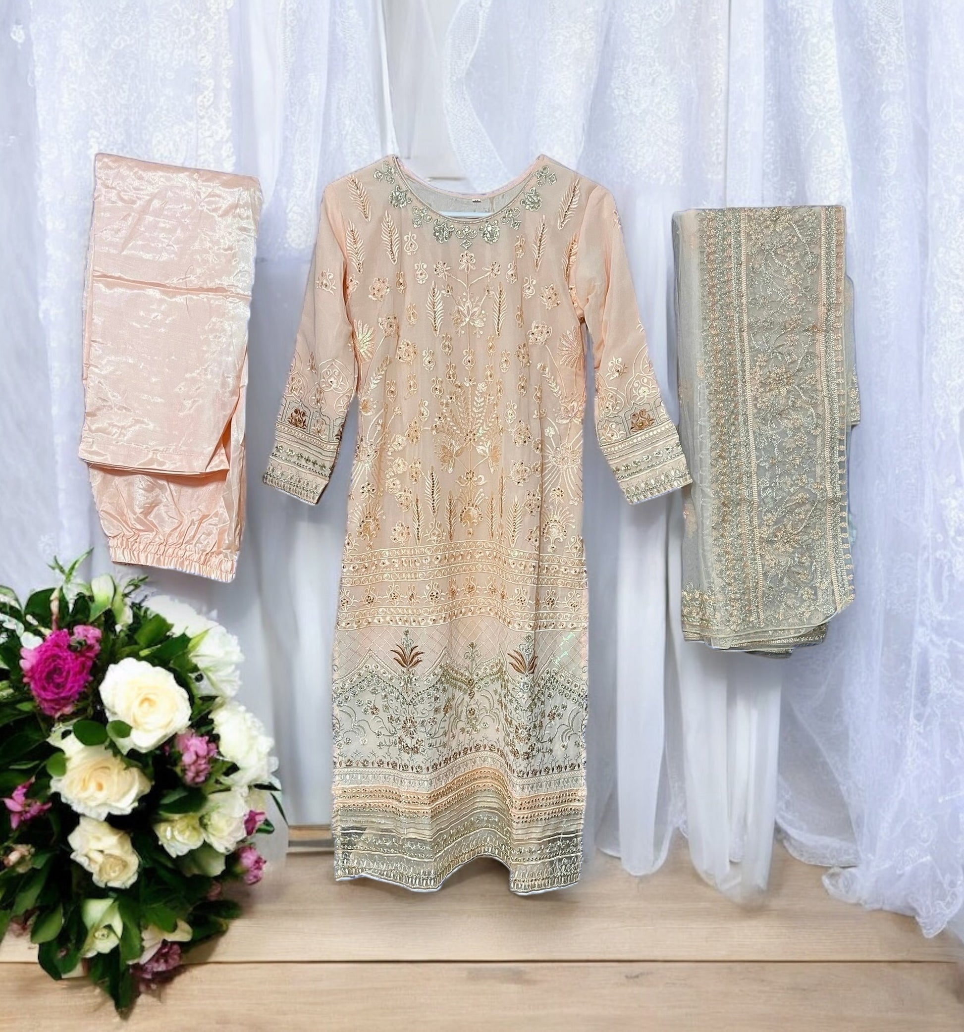 Peach Georgette Salwar Kameez with embroidery work, traditional ethnic wear for women, by Saree Ghor Charlotte.