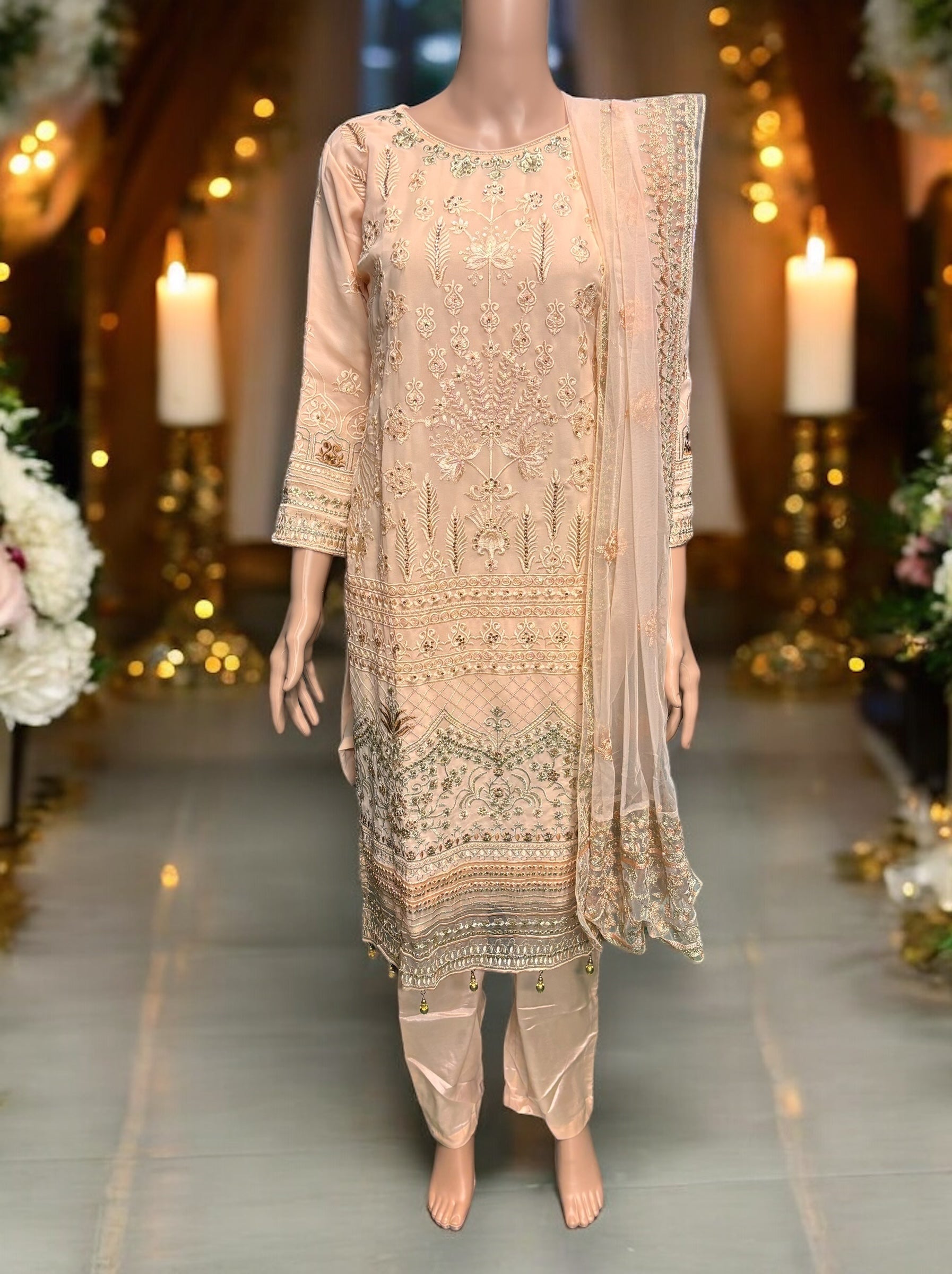 Peach Georgette Salwar Kameez with embroidery work, traditional ethnic wear for women by Saree Ghor Charlotte.