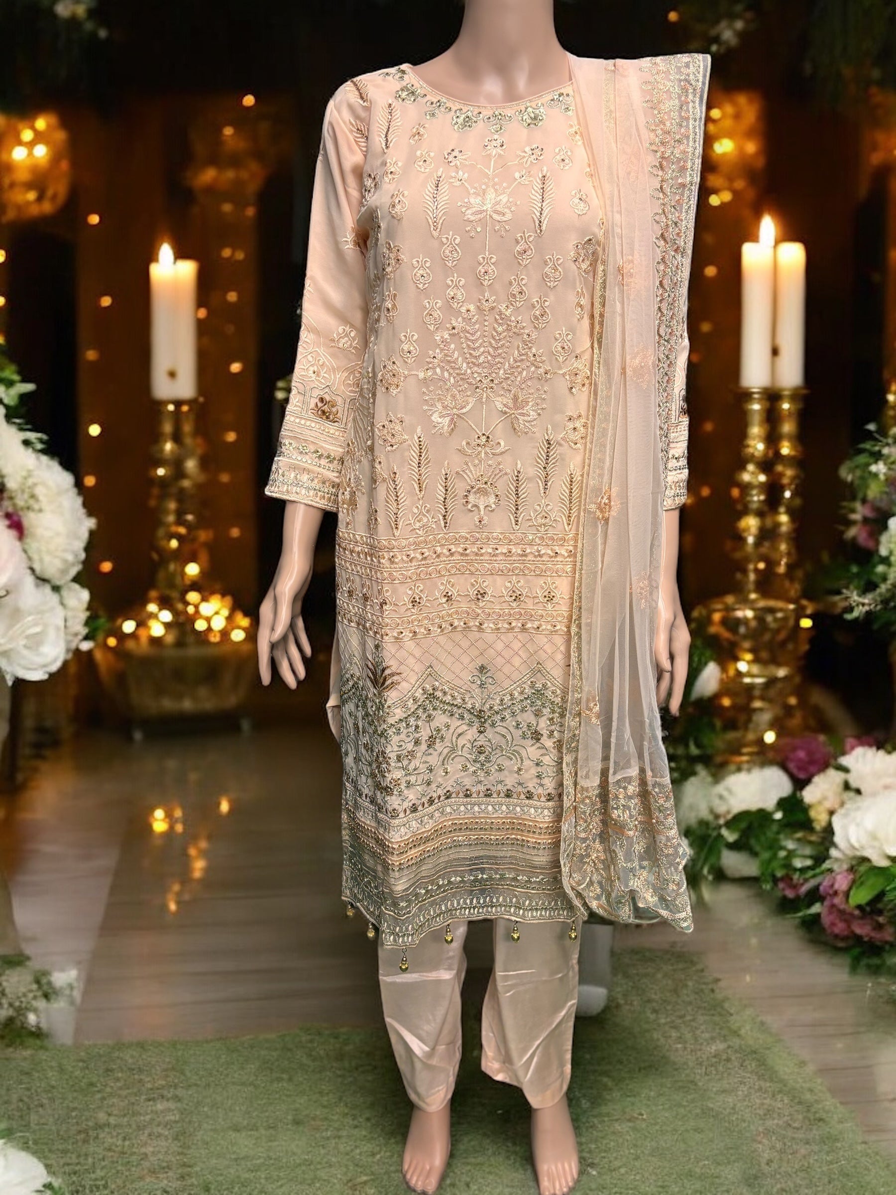 Peach Georgette Salwar Kameez with embroidery work for women, traditional ethnic wear by Saree Ghor Charlotte.