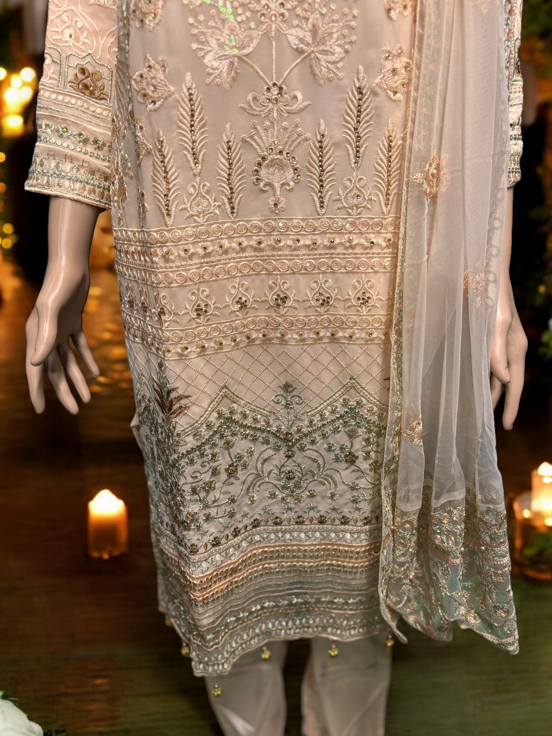 Peach Georgette Salwar Kameez with embroidery work, traditional women's ethnic wear by Saree Ghor Charlotte.