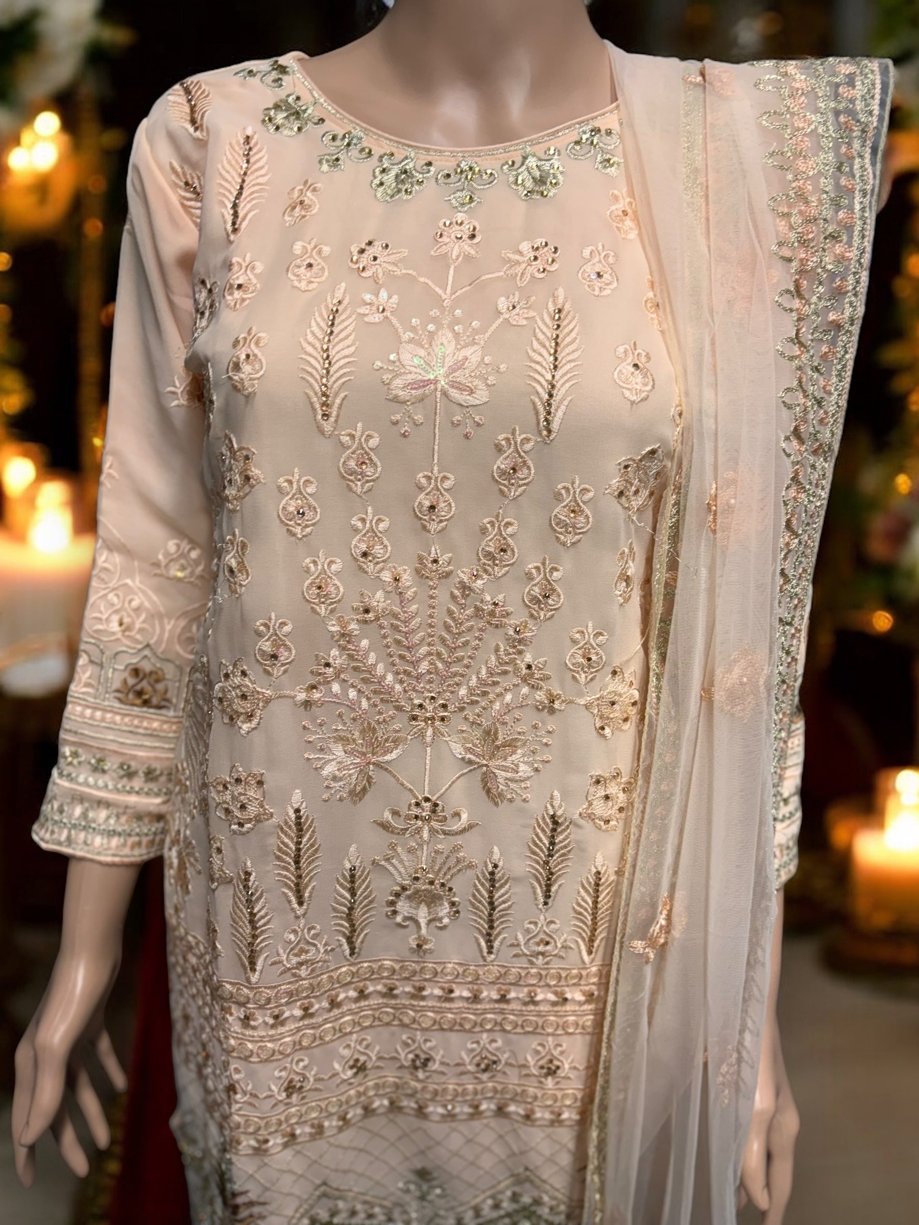 Peach Georgette Salwar Kameez with embroidery work, traditional ethnic wear for women, by Saree Ghor Charlotte.