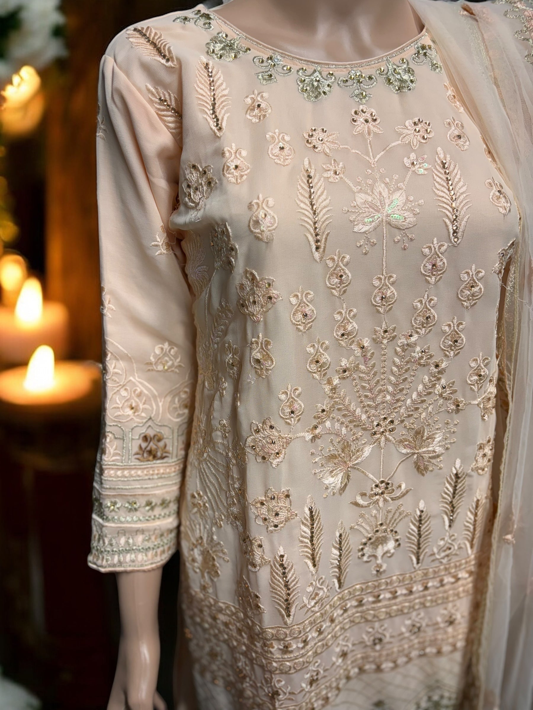Peach Georgette Salwar Kameez with embroidery work for women, showcasing traditional ethnic wear by Saree Ghor Charlotte.