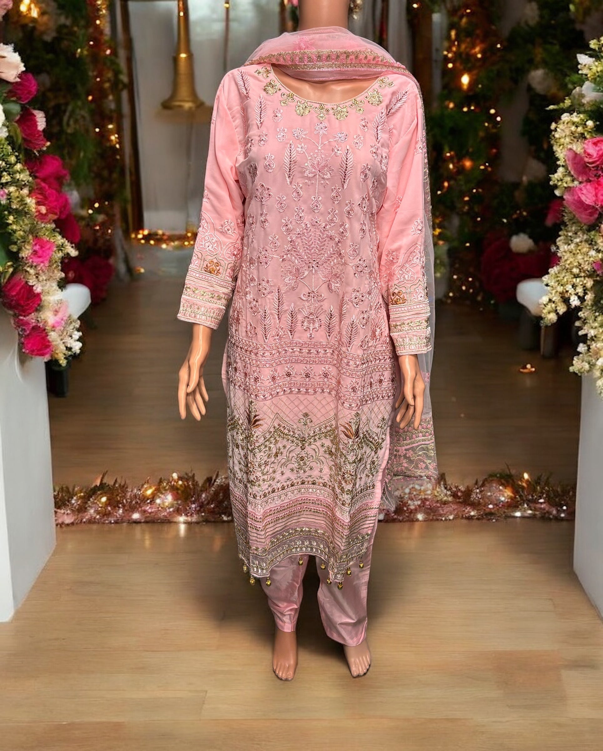 Pink Georgette Salwar Kameez with embroidery work, traditional ethnic wear for women by Saree Ghor Charlotte.