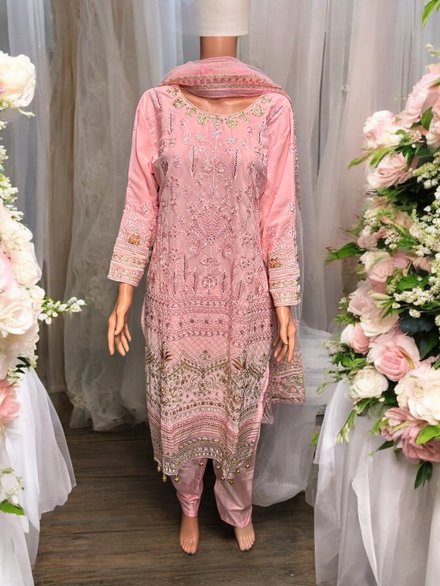 Pink Georgette Salwar Kameez with embroidery work, traditional ethnic wear for women by Saree Ghor Charlotte.