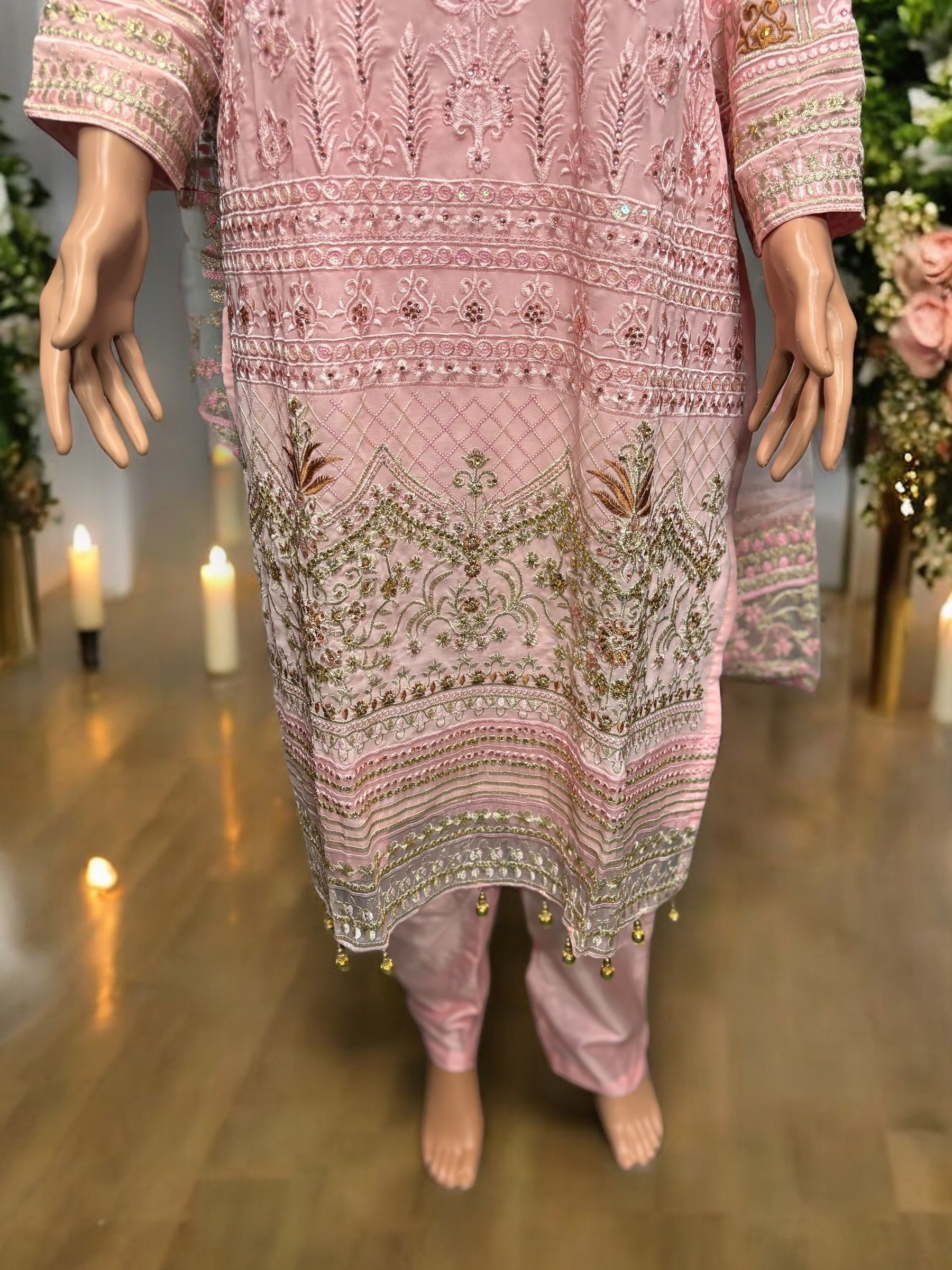 Pink Georgette Salwar Kameez with embroidery work by Saree Ghor Charlotte, showcasing elegant ethnic wear for women.