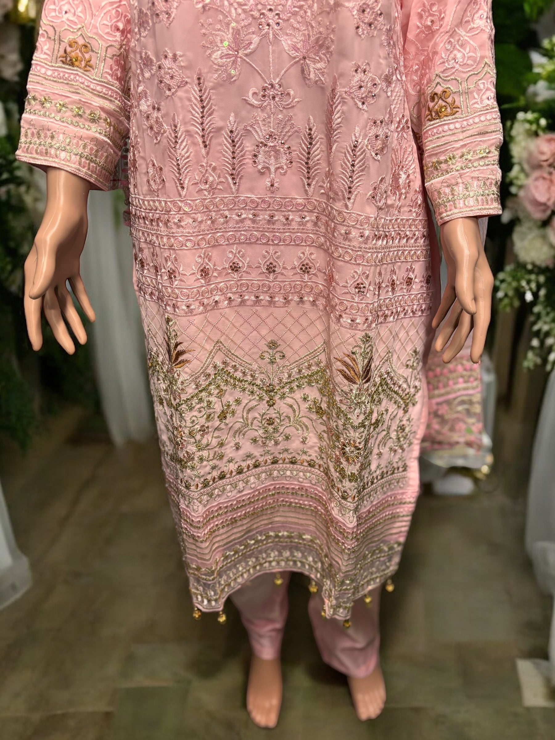 Pink Georgette Salwar Kameez with embroidery work by Saree Ghor Charlotte, traditional ethnic wear for women.