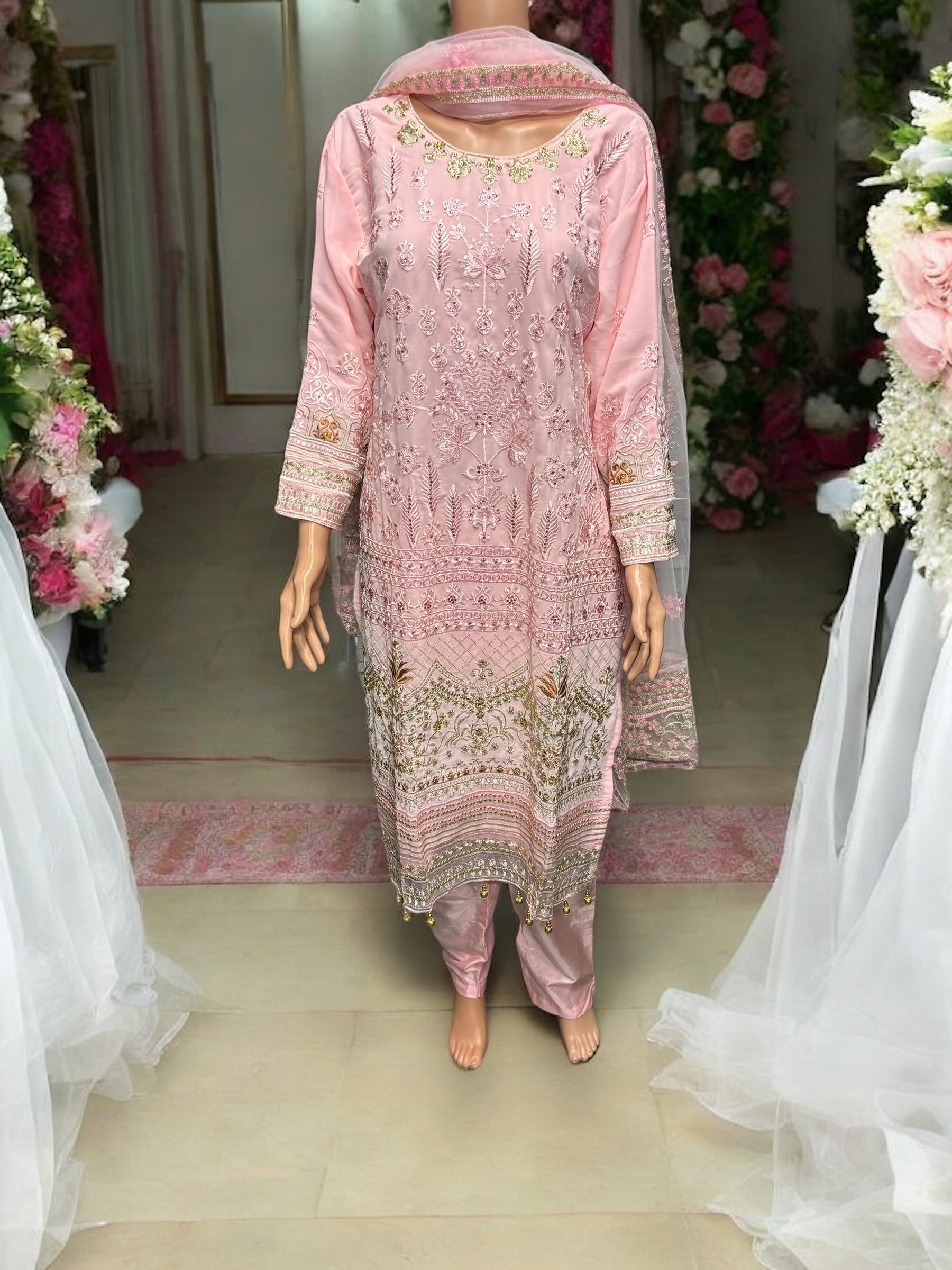 Pink Georgette Salwar Kameez with embroidery work, traditional ethnic wear for women by Saree Ghor Charlotte.