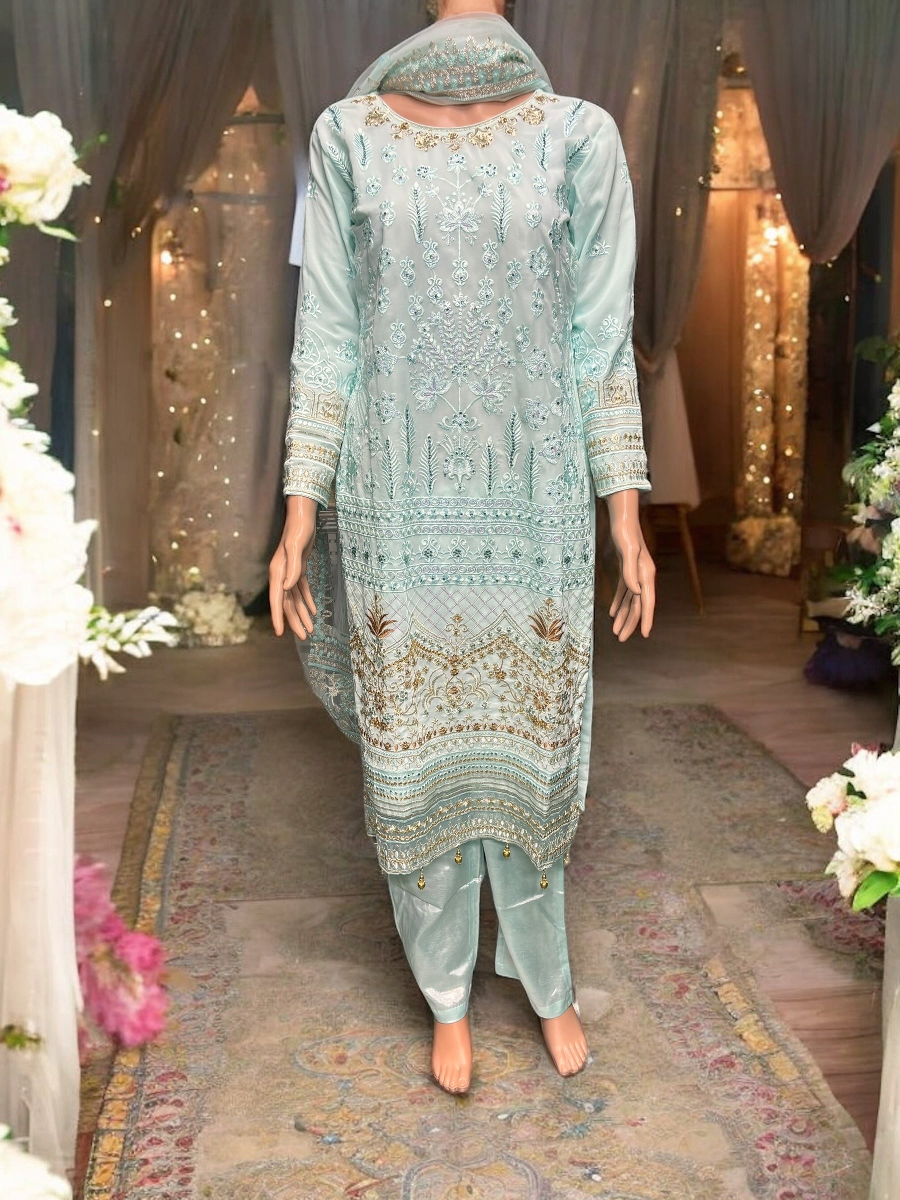Sky blue georgette Salwar Kameez with embroidery work, traditional ethnic wear for women by Saree Ghor Charlotte