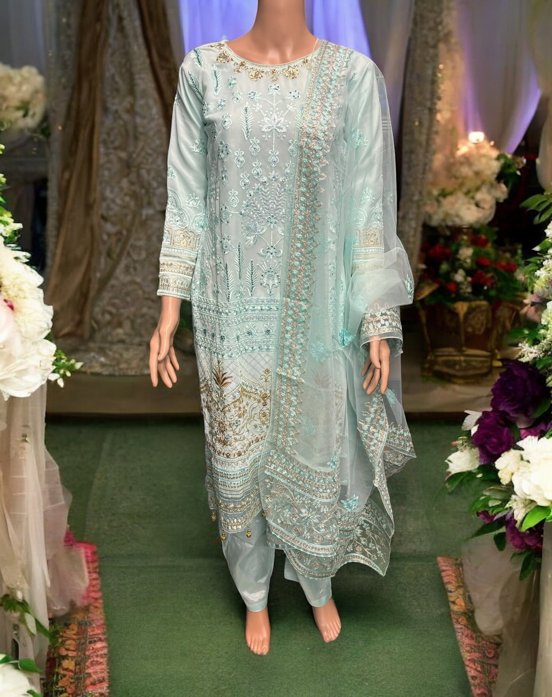 Sky blue georgette salwar kameez with embroidery work for women, traditional ethnic wear by Saree Ghor Charlotte.