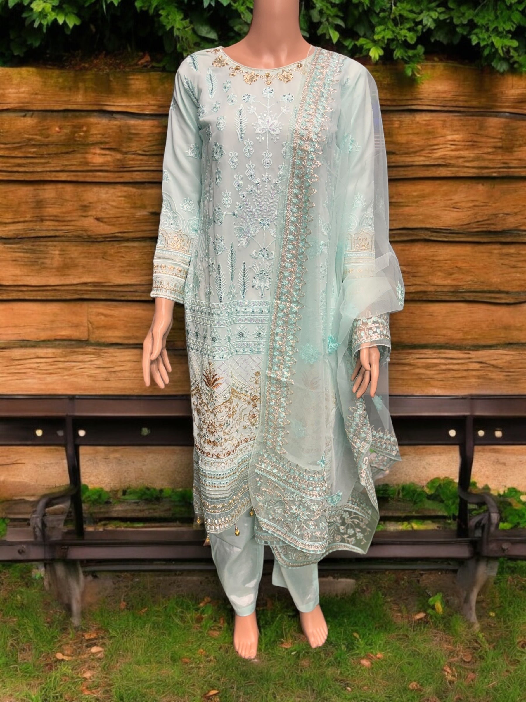 Sky blue Georgette Salwar Kameez with embroidery work from Saree Ghor Charlotte, featuring intricate ethnic embroidery for women.