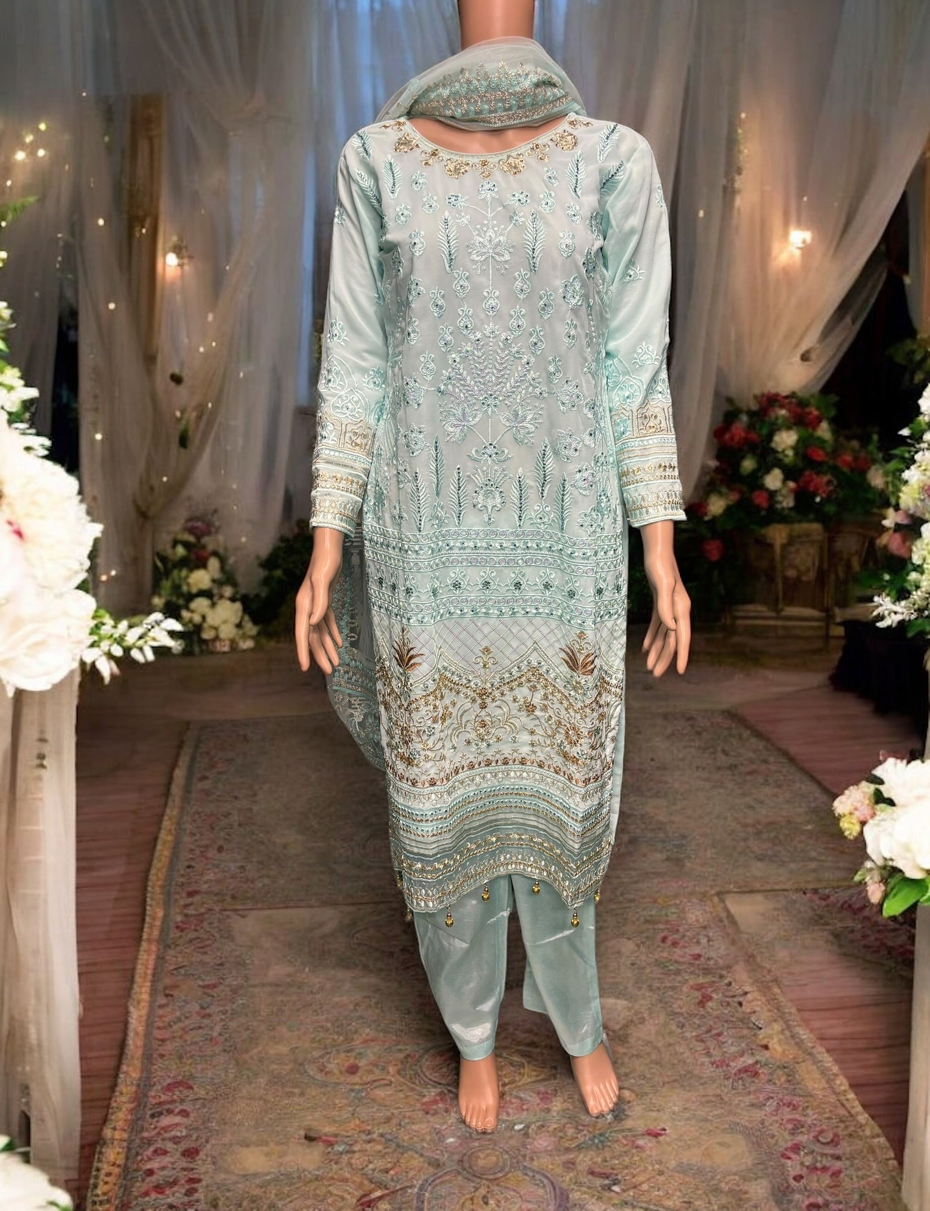 Sky blue Georgette Salwar Kameez with embroidery work, traditional women's ethnic wear by Saree Ghor Charlotte.