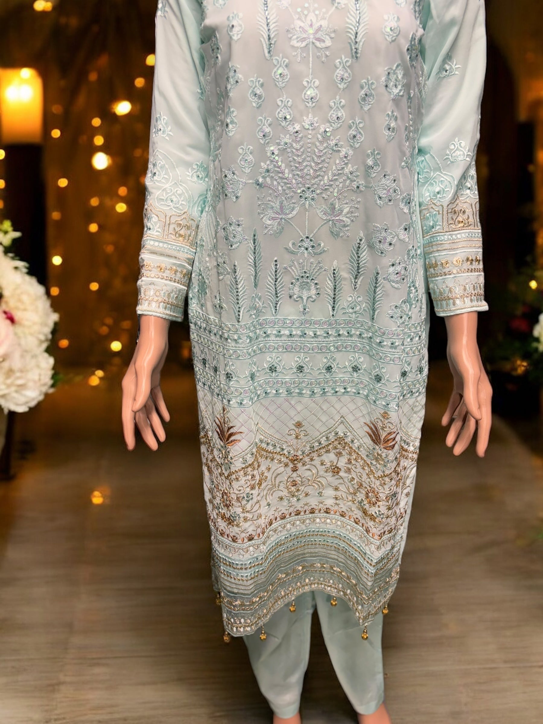 Sky blue georgette salwar kameez with embroidery work, traditional ethnic wear for women by Saree Ghor Charlotte.