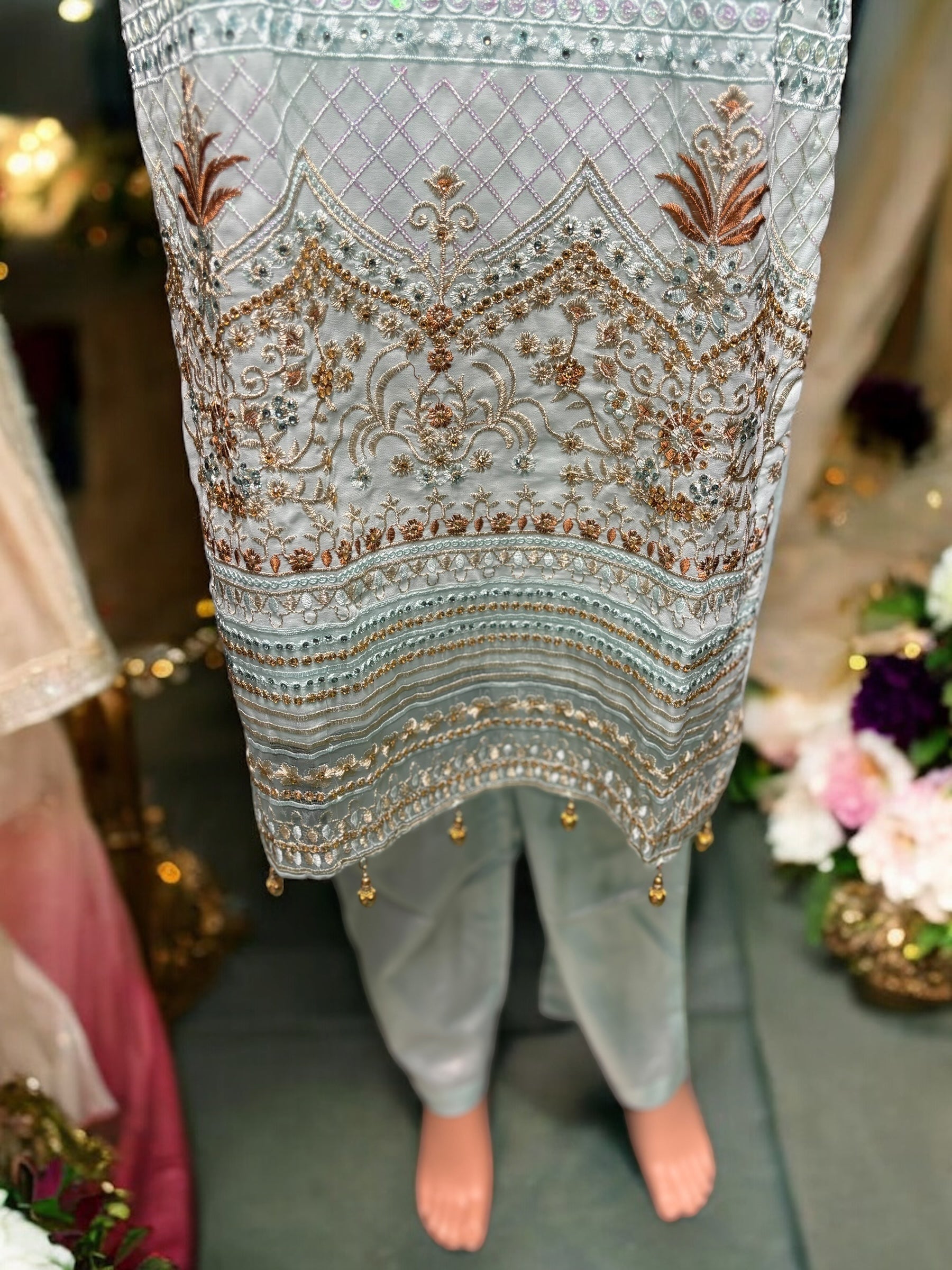 Sky blue Georgette Salwar Kameez with embroidery work, traditional ethnic wear for women from Saree Ghor Charlotte.