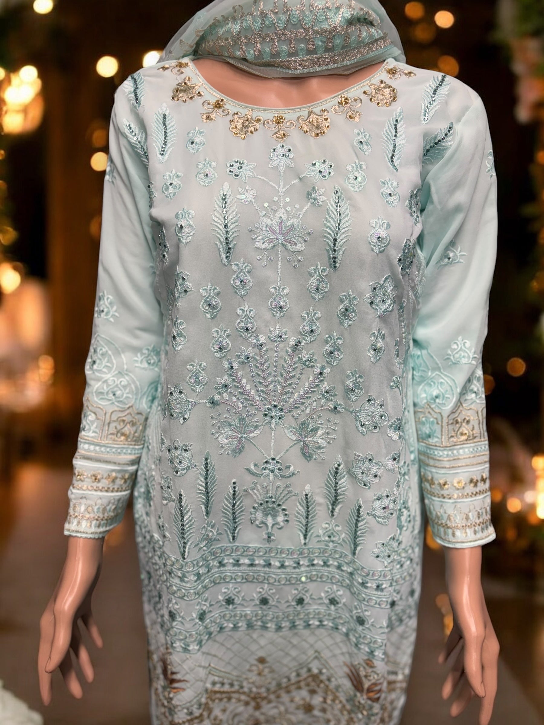 Sky blue Georgette Salwar Kameez with embroidery work, traditional ethnic wear for women by Saree Ghor Charlotte.