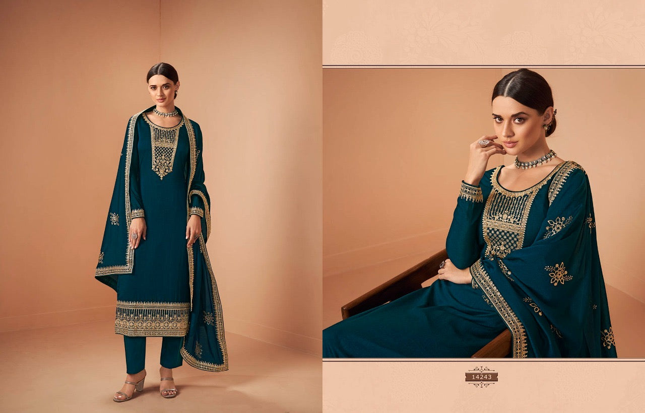 Traditional silk georgette Salwar Kameez by Saree Ghor Charlotte, featuring blooming embroidery and elegant ethnic wear for women.