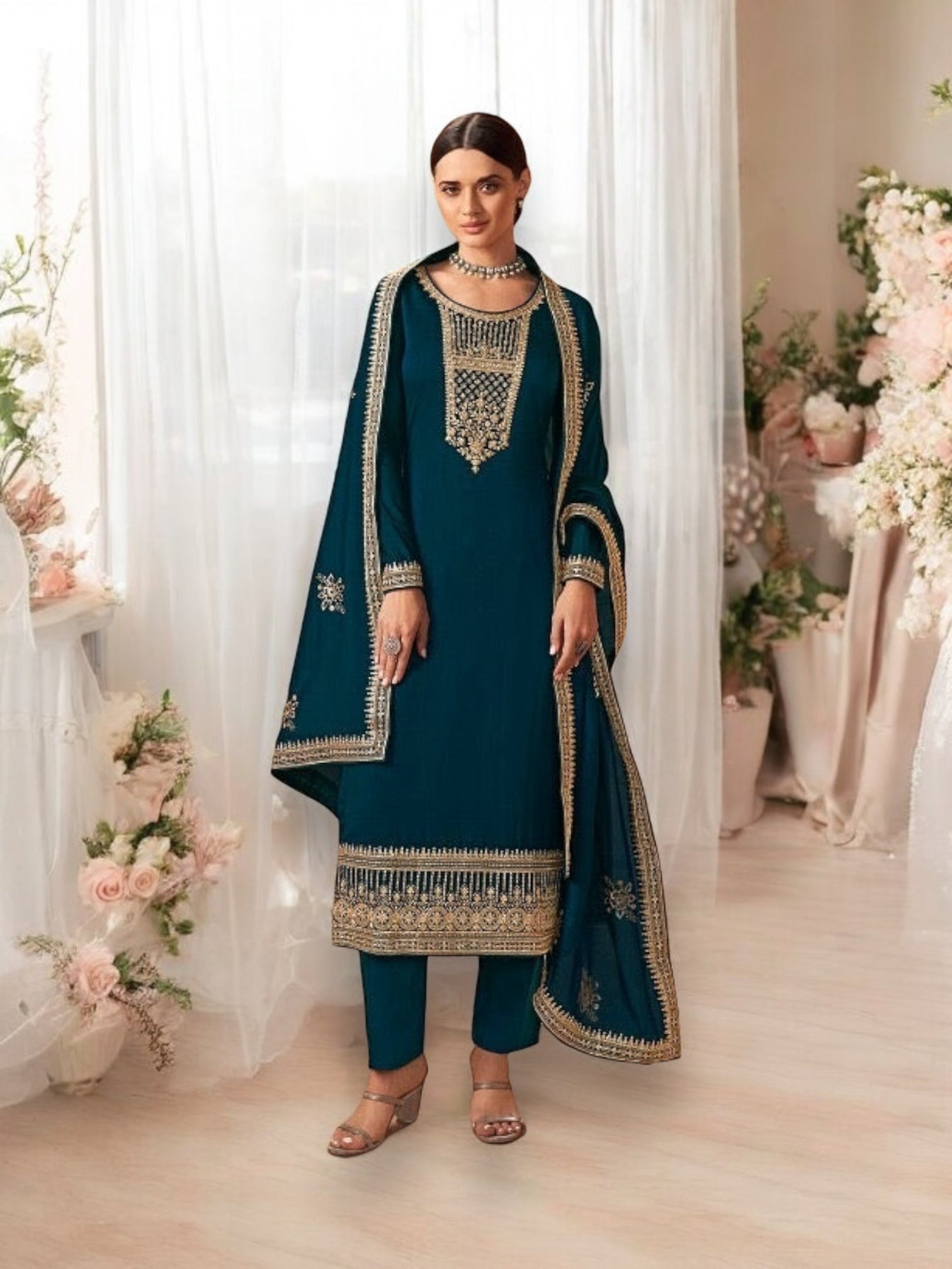 Traditional silk georgette Salwar Kameez for women, featuring floral design from Saree Ghor Charlotte, cultural ethnic wear.
