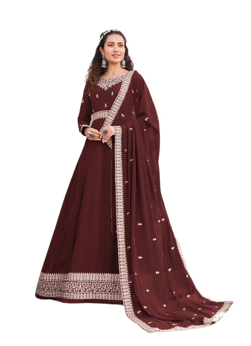 Traditional brown faux georgette salwar kameez with heavy work, cultural wear for women, by Saree Ghor Charlotte.