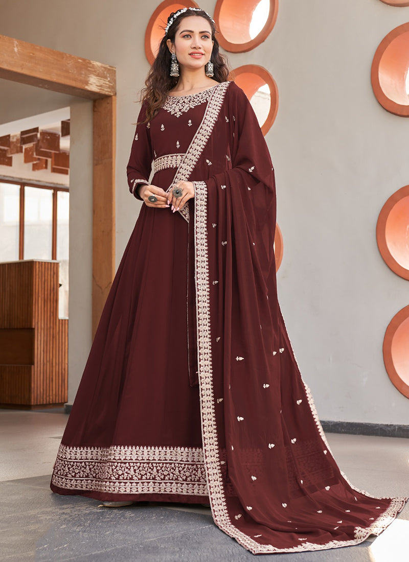 Traditional brown faux georgette salwar kameez with heavy work, cultural wear for women by Saree Ghor Charlotte.